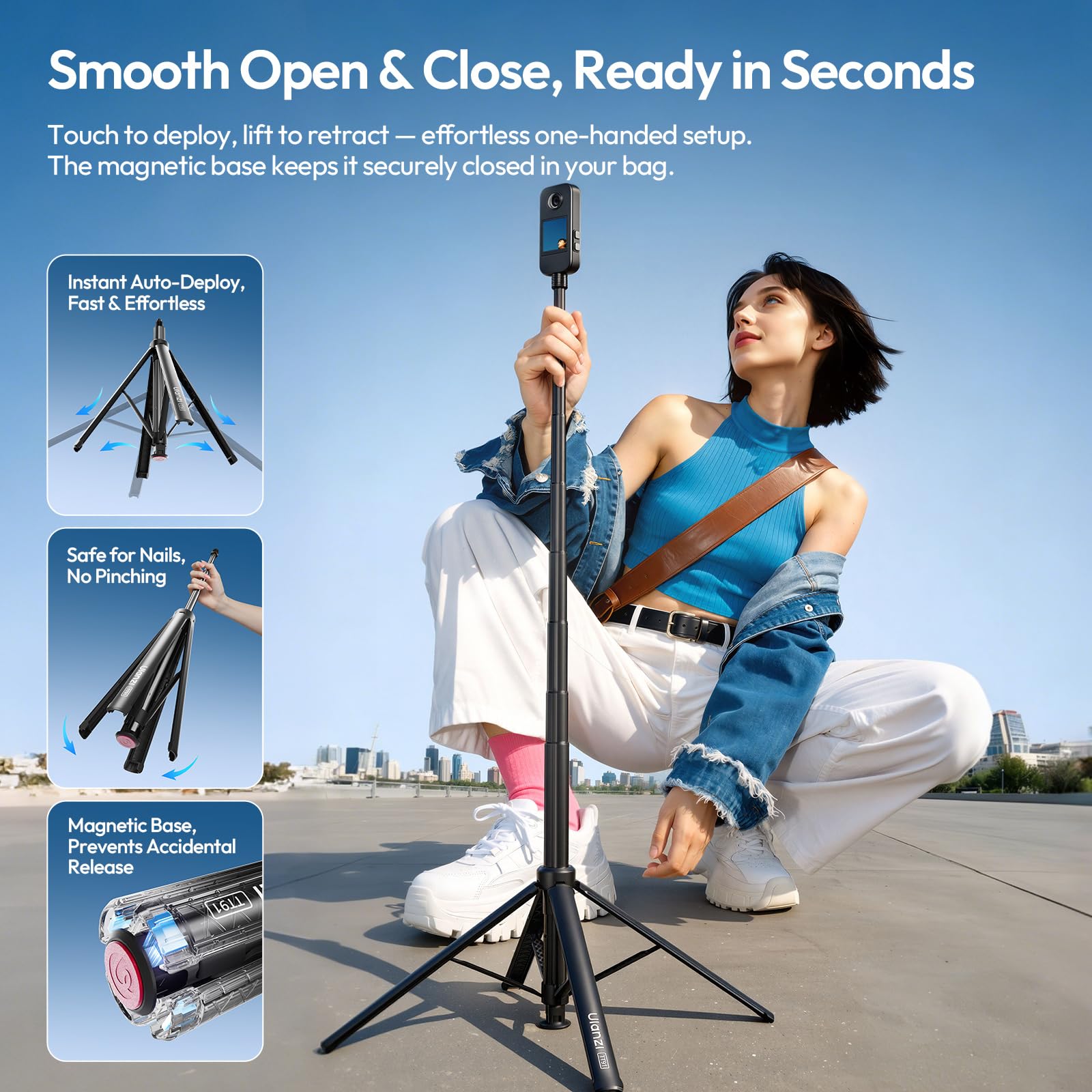 ULANZI TT91 Niewidoczny Statyw-Selfie Stick, automatyczne rozkładanie i magnetyczne zamykanie, 4 nogi, 2 w 1, 8-sekcyjny wysuw do 166 cm, uchwyt 1/4" do Insta360 X5/X4/X3/DJI Osmo 360