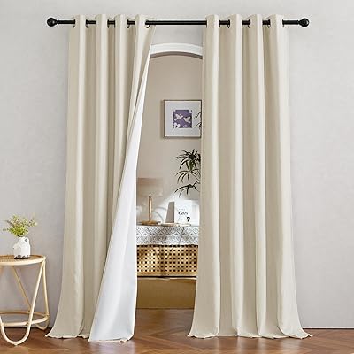 NICETOWN Natural Thick Linen Full Blackout Curtains for Living Room and Bedroom, W52 x L96, 2 Panels Bronze Grommet 2 Layers Window Treatment with White Liner Privacy Protection Sound Blocking
