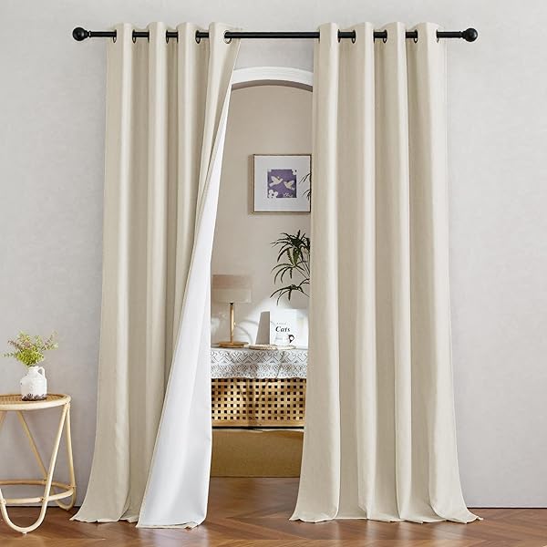 NICETOWN Natural Thick Linen Full Blackout Curtains for Living Room and Bedroom, W52 x L96, 2 Panels Bronze Grommet 2 Layers Window Treatment with White Liner Privacy Protection Sound Blocking
