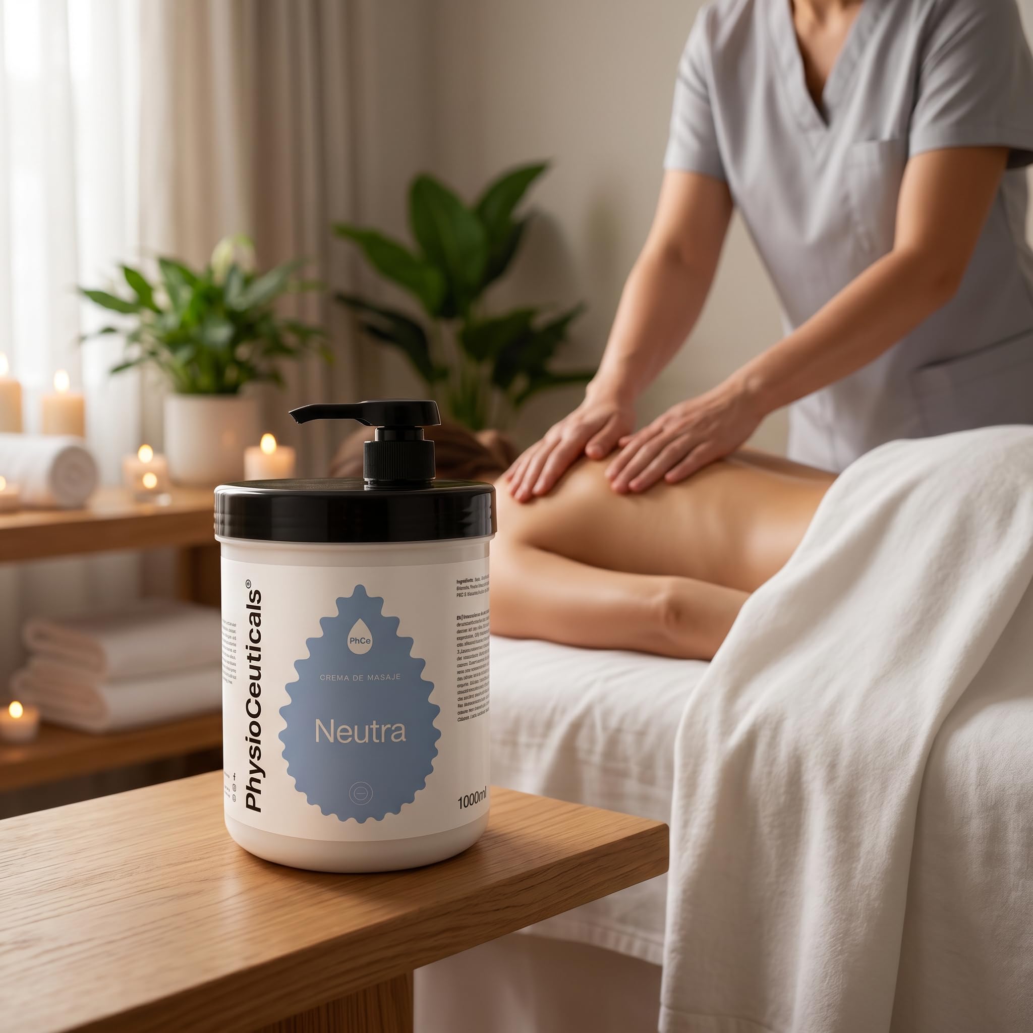 PHYSIOCEUTICALS - Crème de Massage Neutre professionnelle 1000 ml + Pompe doseuse - Base sans parfum à la vitamine F - Idéale pour la physiothérapie, le chiroprassage et les spécialistes