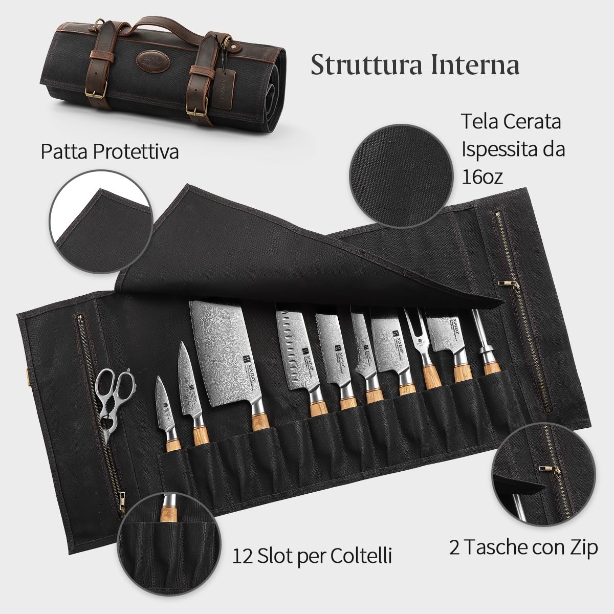 XINZUO Borsa a Rotolo per Coltelli Nera,Bcustodia per Coltelli da Chef,12 Scomparti per Contenere Gli Strumenti da Cucina,Tela Cerata da 16oz e Pelle,Borsa Porta di Utensili di Cucina (Solo Borsa)