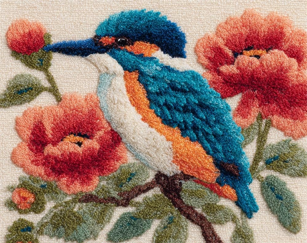 Kitquiver Latch Hook Kits for Adults Rug Kingfisher and Flowers Crafts Crochet Yarn with Pre-Printed DIY Handmade Embroidery Needlework for Home Decoration 39X55In