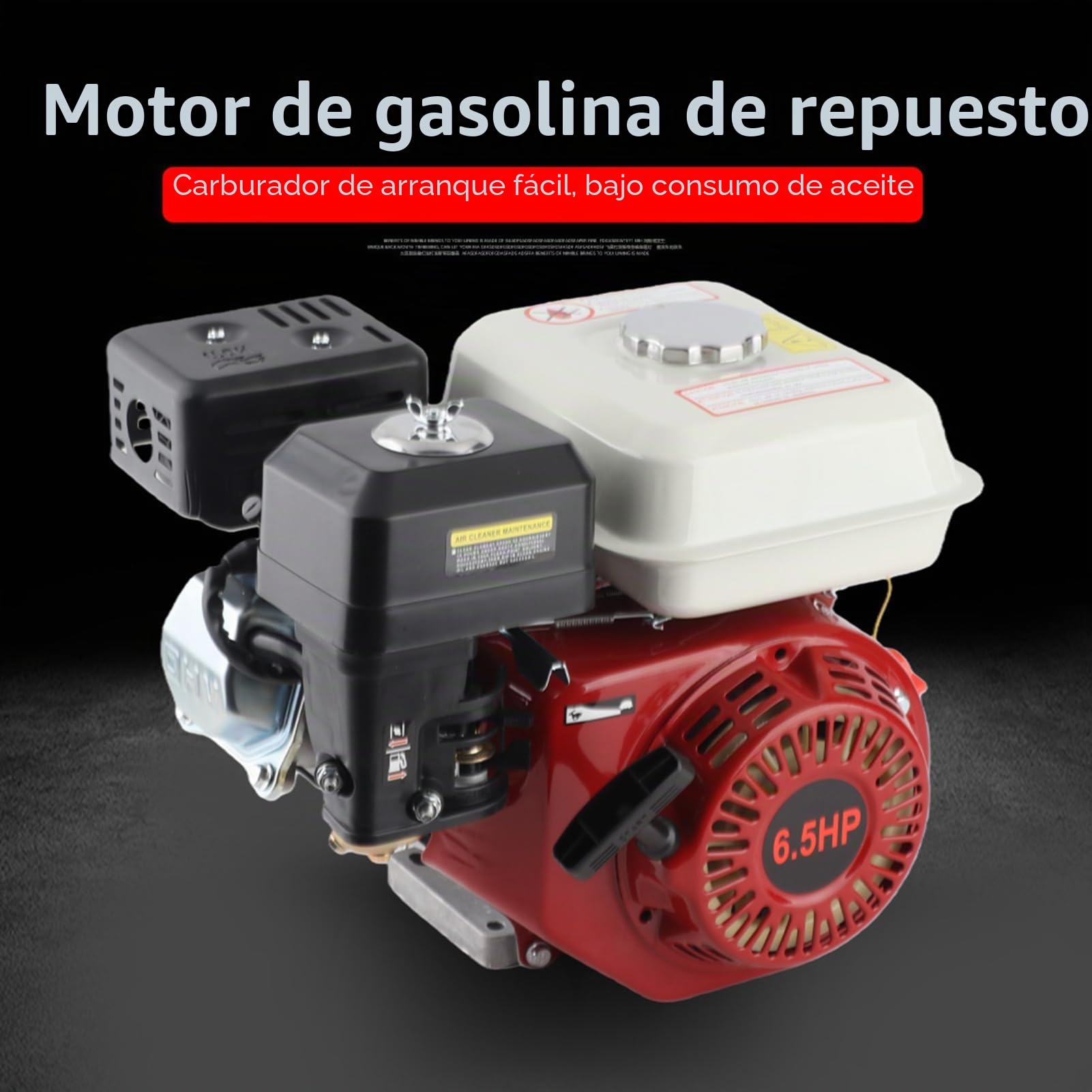 Motor de Gasolina OHV 168F de 4 Tiempos, 6,5 CV, Arranque Fácil, Funcionamiento Suave y Bajo Consumo de Aceite