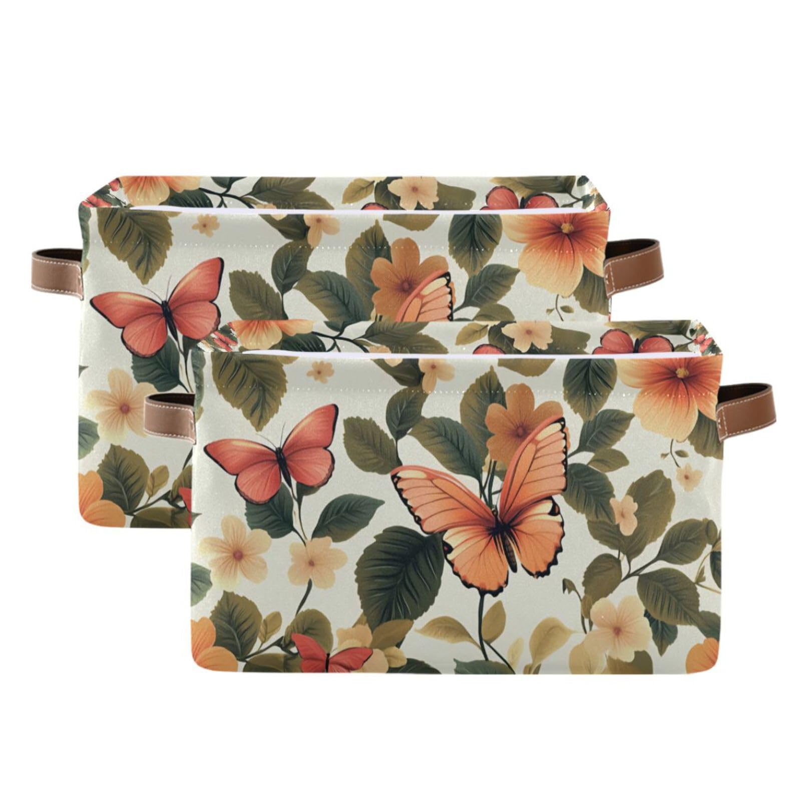 PaChyLuu Flowers and Butterflies Storage Basket Bin Canvas Fabric Organizer Toys Basket with Handles for Home Office Nursery, Clothes, Gifts, 2 Pcs