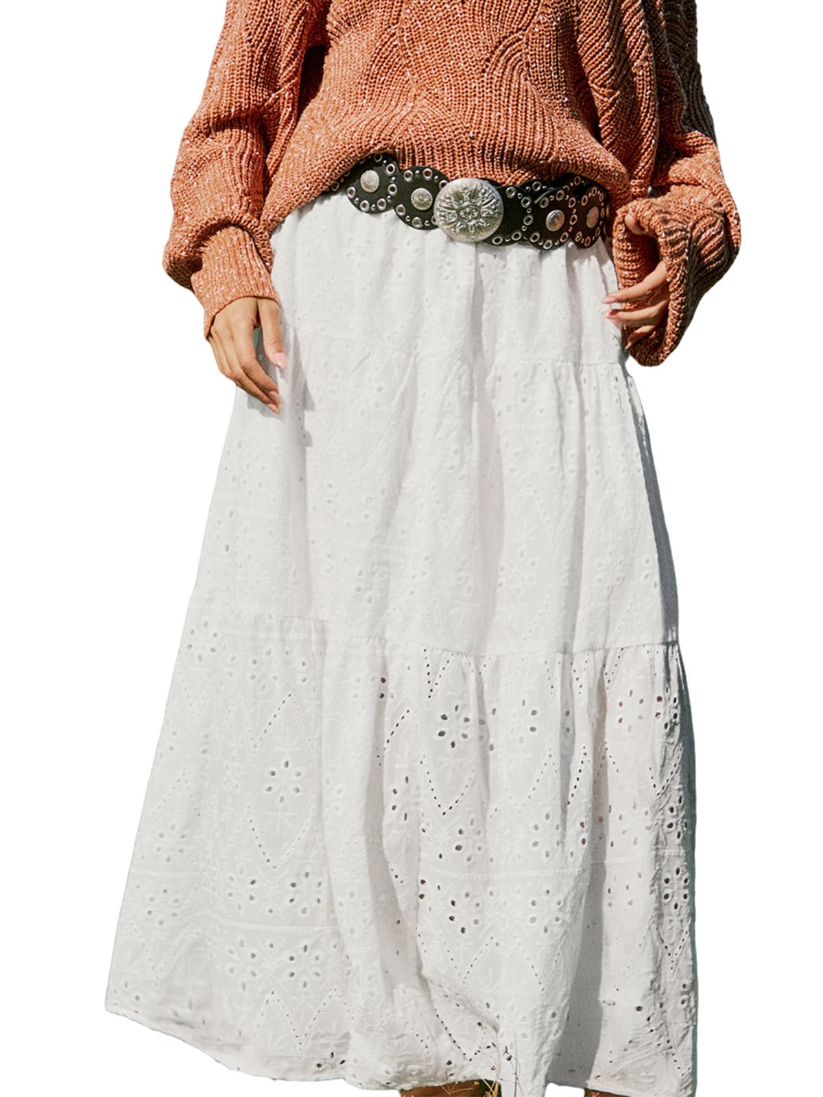 CUPSHE Gonna da donna in cotone con traforato, con volant casual a vita alta