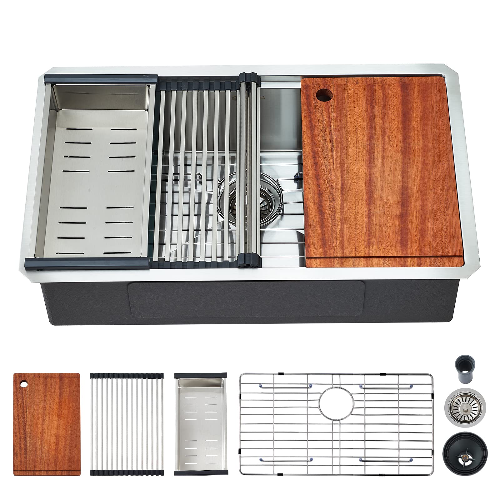 EcoChannels Undermount Kitchen Sink, 30 x 19 Inch Sink Kitchen 16 Gauge Stainless Steel Kitchen Sinks Single Bowl Workstation Sink with Cutting Board