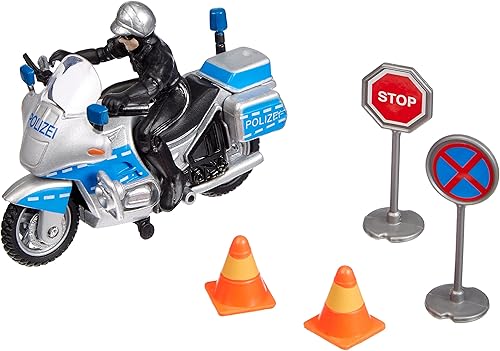 Dickie Toys 203341029 - Figura de policía fija de motocicleta policial, incluye 2 pilones y 2 señales de tráfico, motocicleta, longitud: 3.9 in,