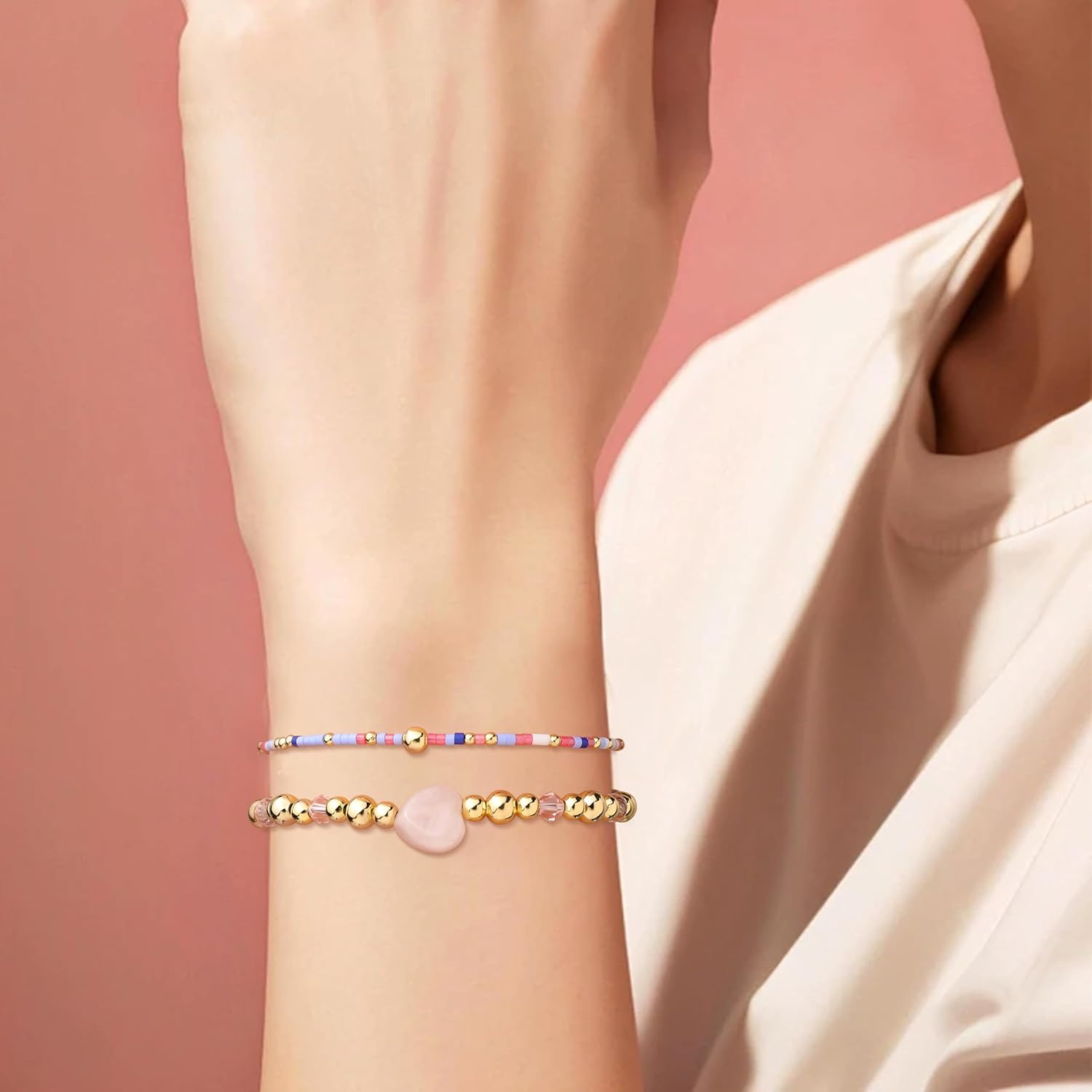 Gold Beaded Bracelets Stack Set for Women, 2Pcs Handmade Adjustable Rainbow Beads Bracelet Outfit Accessories Jewelry Gift. - Image 2