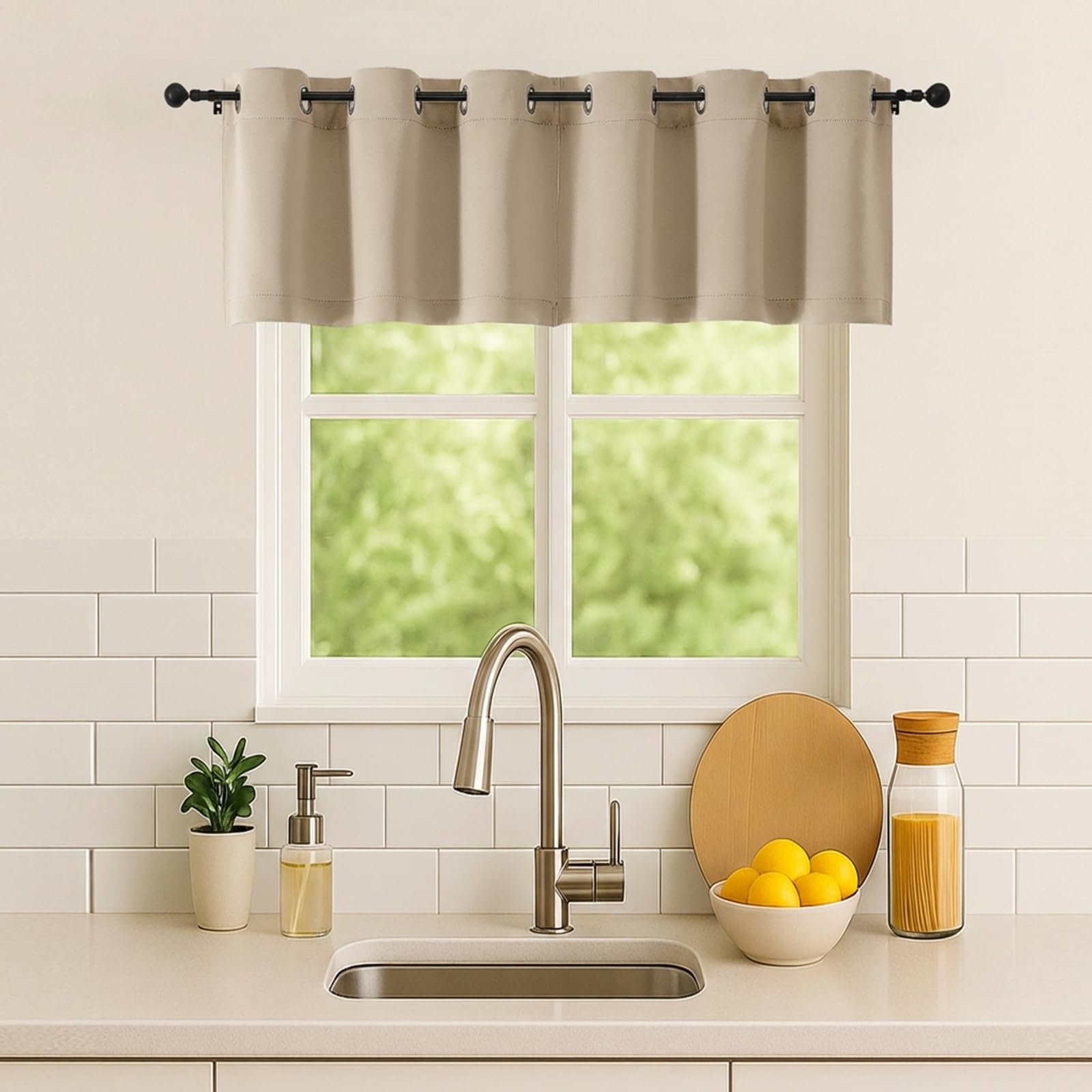 Simplebrand Biscotti Beige Kitchen Valances for Windows 18 Inches Long 2 Pack, Room Darkening Window Valances for Living Room, Short Straight Drape Kitchen Curtains for Bedroom Kids Room, 40Wx18L