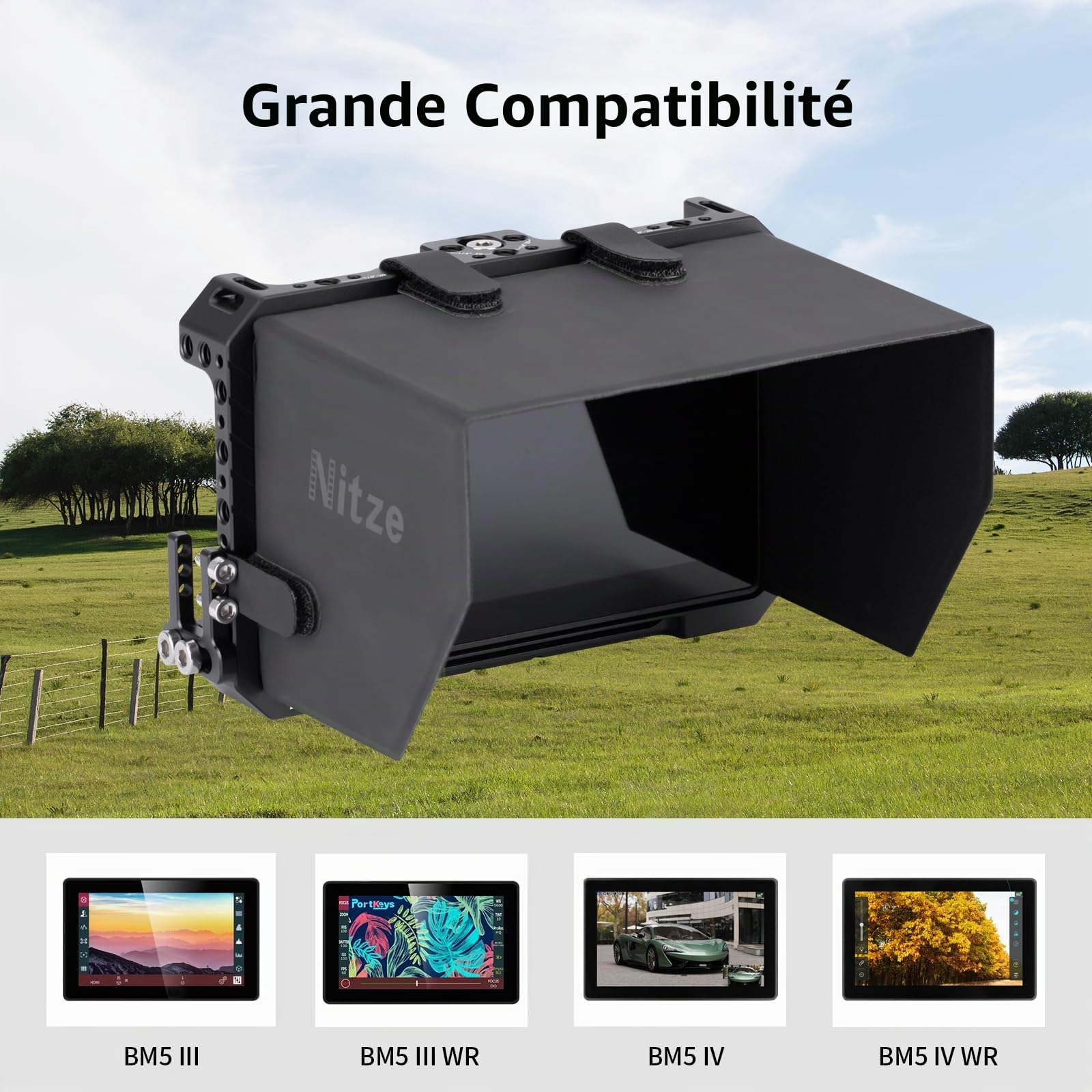 Nitze Cage pour moniteur PortKeys BM5 IV / BM5 IV WR / BM5 III / BM5 III WR avec pare-soleil en cuir PU - JT-I05B