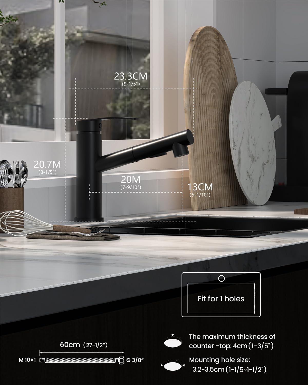 APPASO Wasserhahn Küche Schwarz, Hochdruck Küchenarmatur Ausziehbar, Spültischarmatur Küche mit 2 Strahlarte, 120° Drehbar, Edelstahl Schwarz