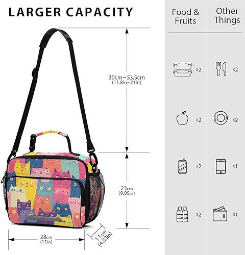 Miniatura 3 de Lonchera con aislamiento térmico para niñas y niños pequeños, gatos, color rosa, lindo kawaii para estudiantes de la escuela, con correa para el
