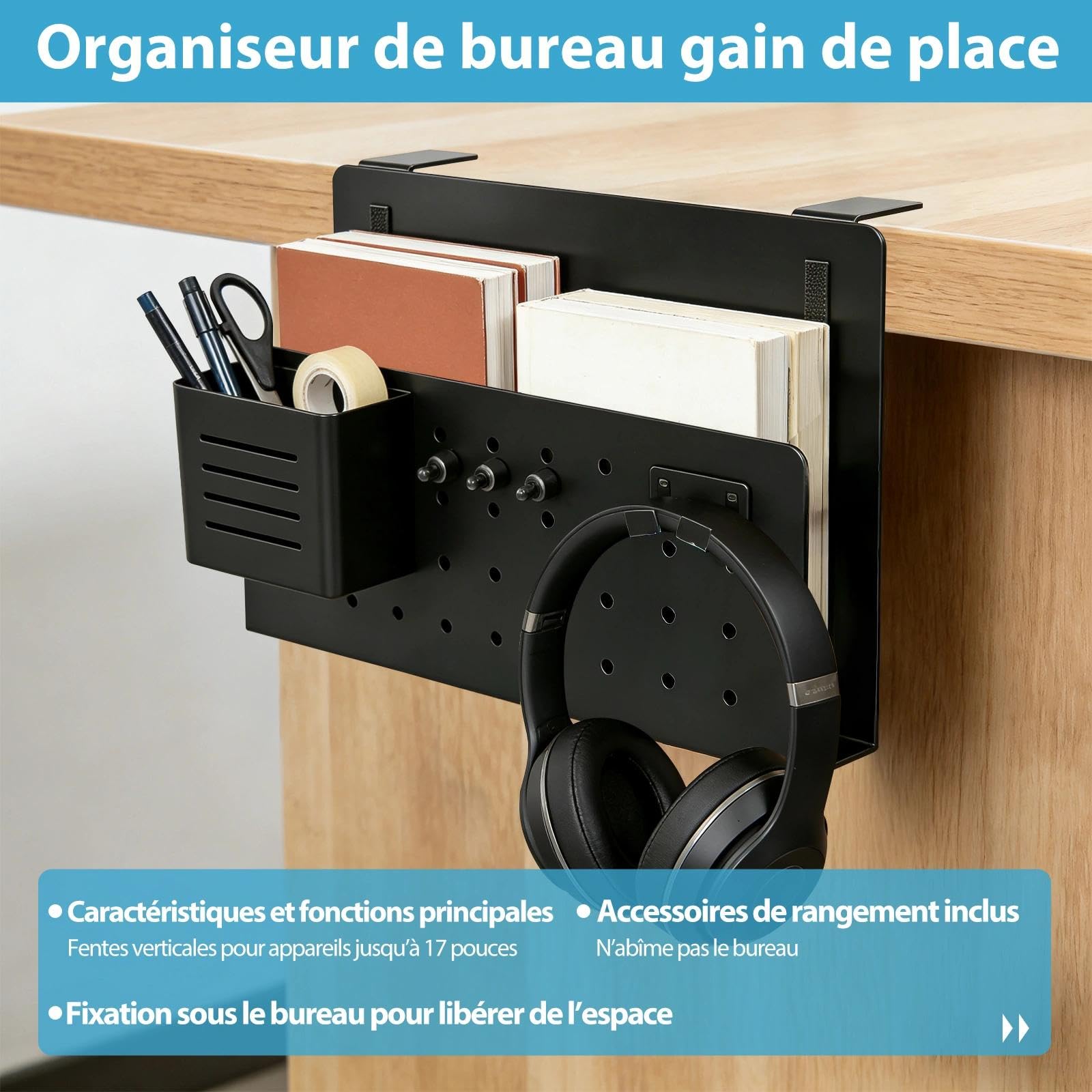 Contenitori Laterali per Scrivania, Supporto per Laptop Sotto Il Tavolo, Organizer Da Scrivania Sospeso Senza Forare, Con Ganci E Ganci per Cavi, Organizer per Ufficio E Home Office
