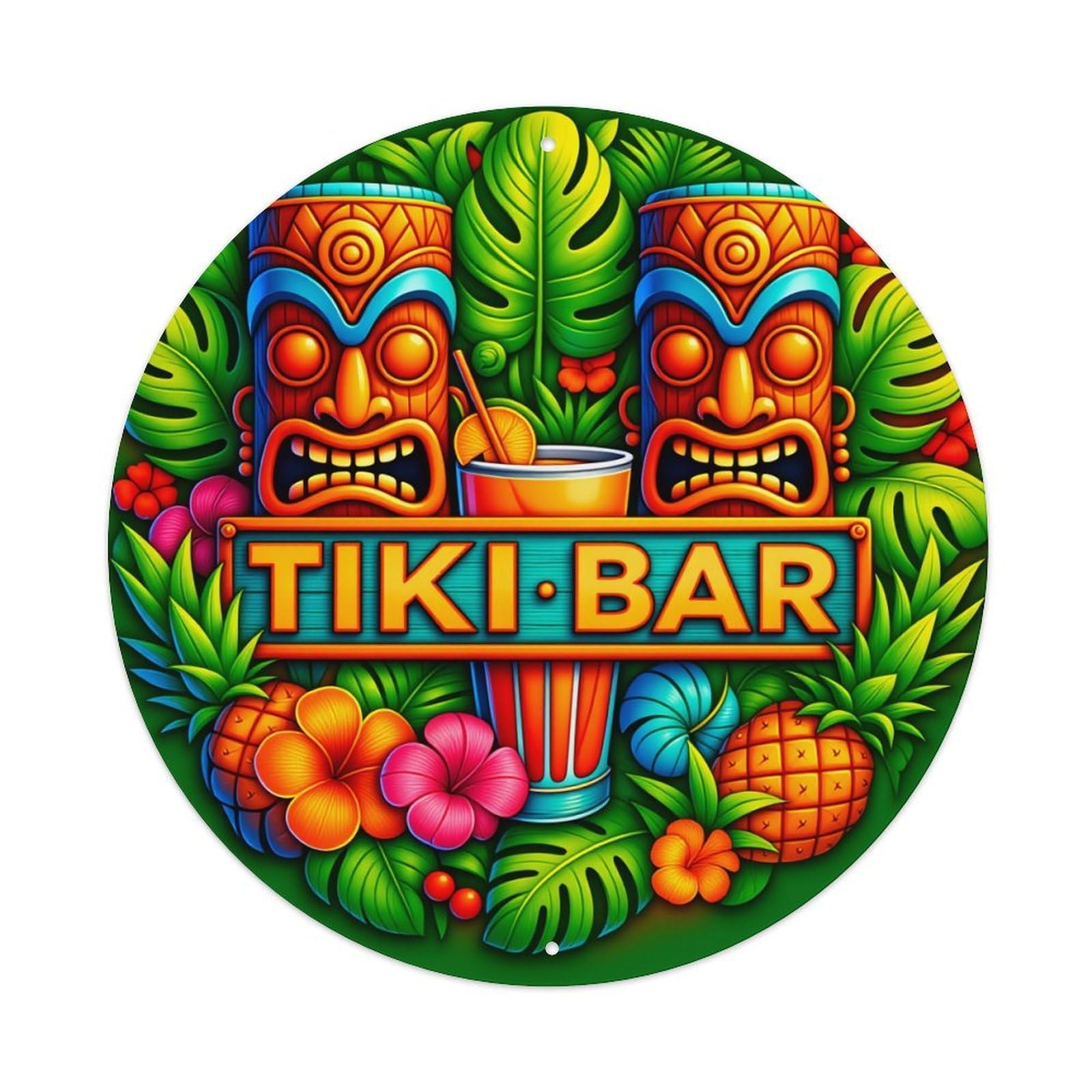 Tiki Masks Tropical Leaves Pineapples Flowers Cocktail Glass Round Vintage Tin Sign,Retro Wall Art,Metal Poster for Home, Bar, Garage, Cafe, Rustic Indoor & Outdoor Decor, 8x8 Inches
