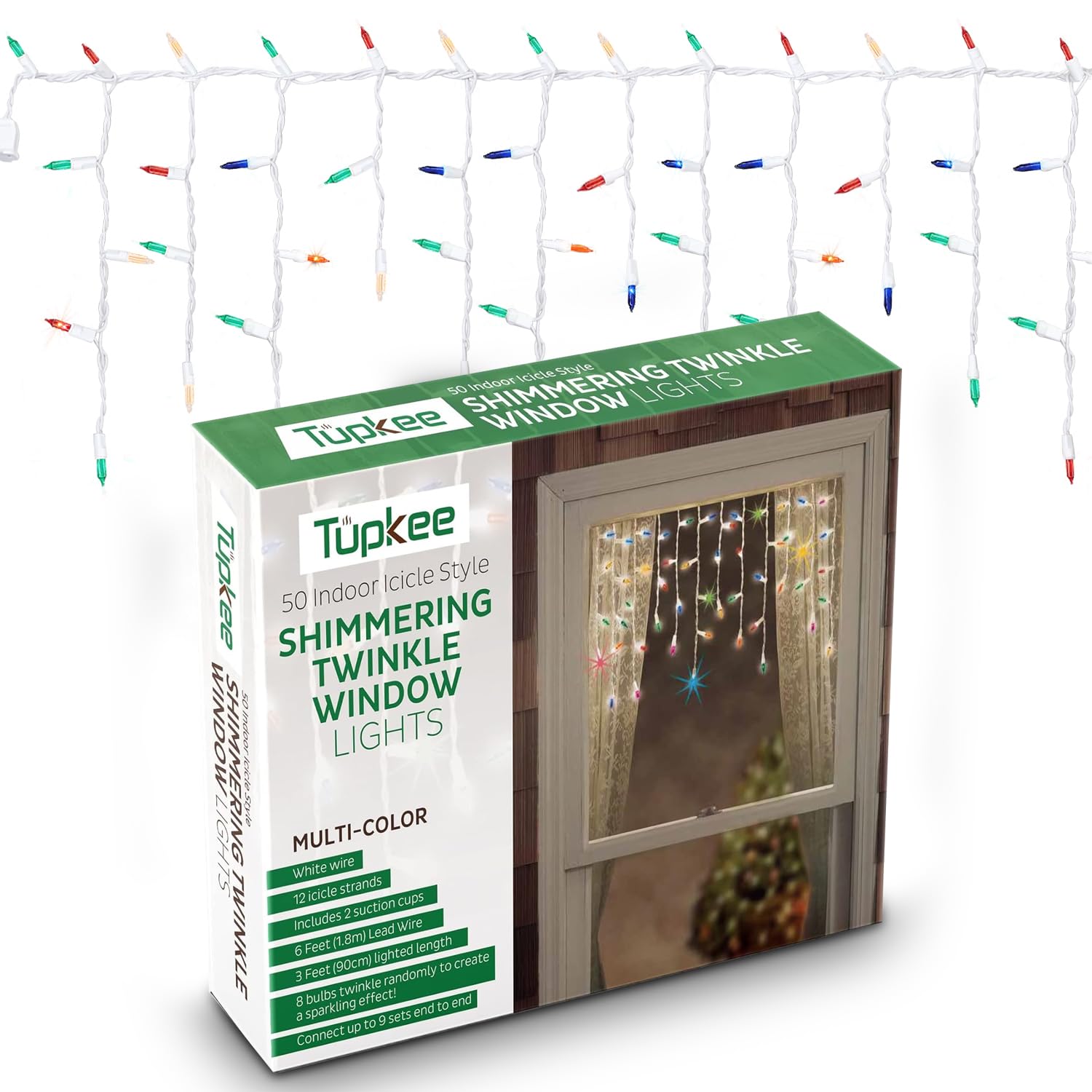 Tupkee Bright Window Icicle Lights, 3 Feet (0.91M) 50 Incandescent Multicolor Christmas Lights for Indoor Outdoor Random Twinkle Icicle Lights, 8 of 50 Lights