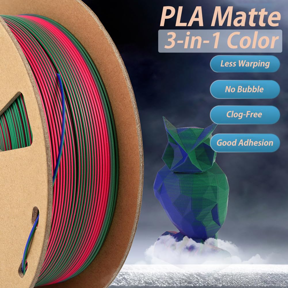 Filamento De Impresora 3D En Color PLA Mate 3 En 1|Filamento De Impresión 3D Cuidadosamente Enrollado 1,75mm(+/- 0,05mm)|Suministros De Impresión 3D,rojo Verde Azul,PLA 1 KG (2,2 Libras)