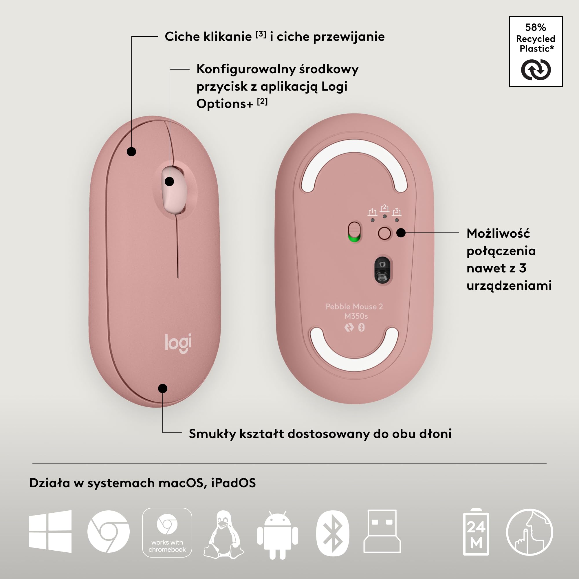Logitech Pebble 2 Combo, Bezprzewodowa klawiatura i mysz, cicha i przenośna, personalizowana, Logi Bolt, Bluetooth, Easy-Switch dla Windows, macOS, iPadOS, Chrome,QWERTY układ US international, Różowy