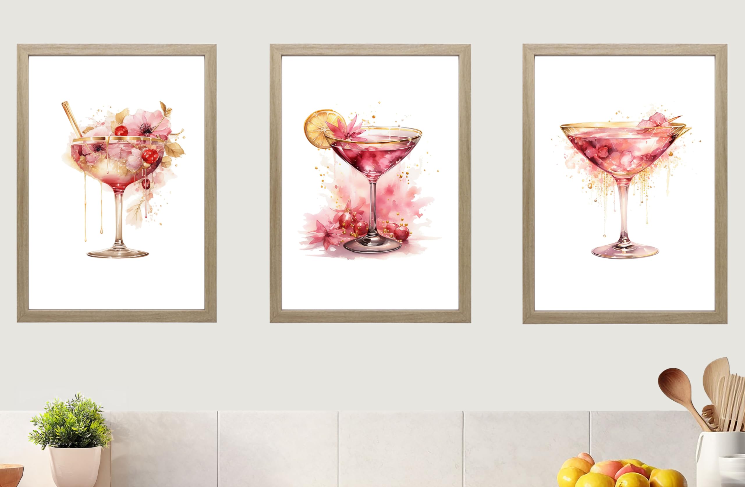 Pink Cocktails Set of 3 Unframed Wall Poster Prints, Beautiful Watercolour Design