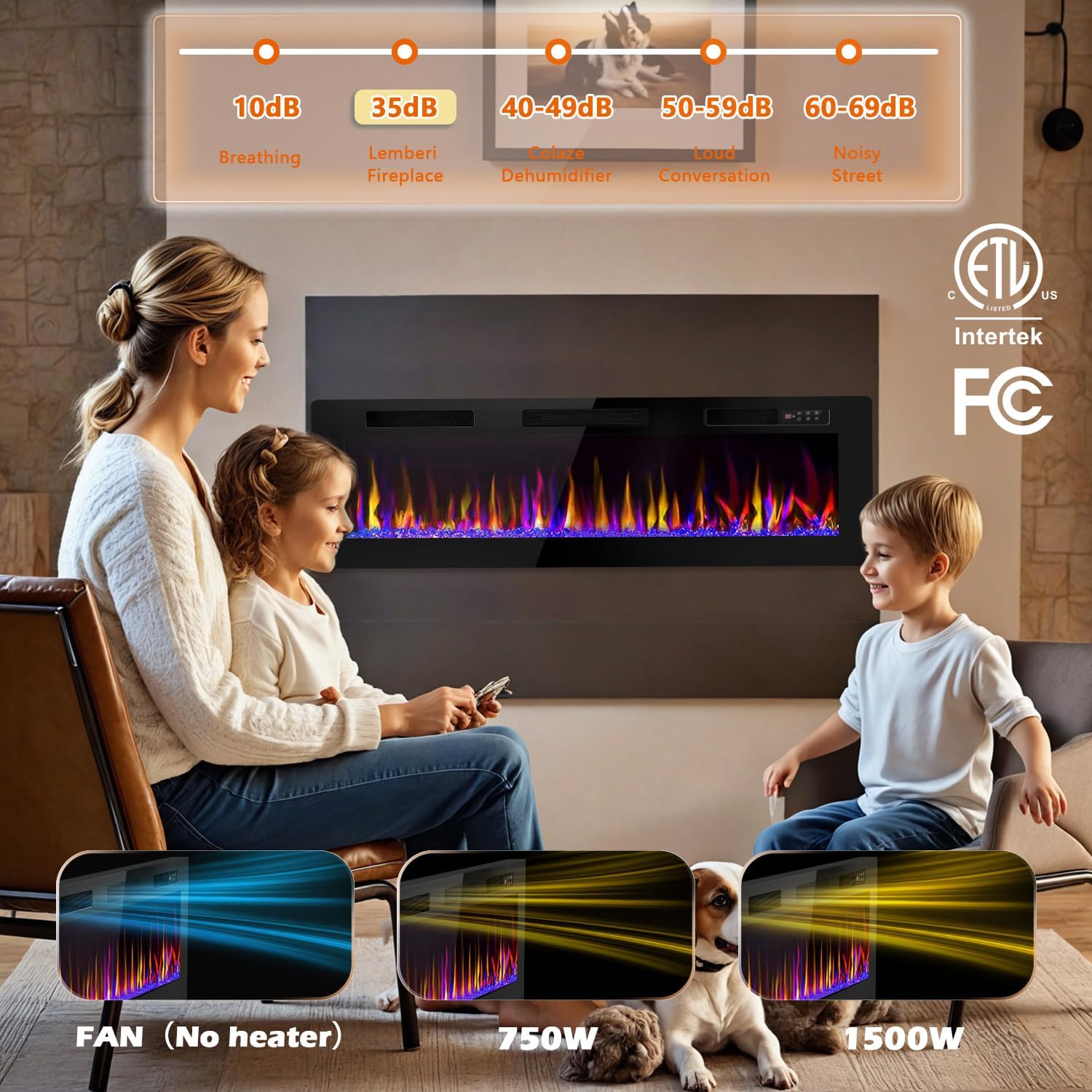 Image showing a family enjoying the LEMBERI electric fireplace, with a noise level comparison chart and heat distribution diagrams.
