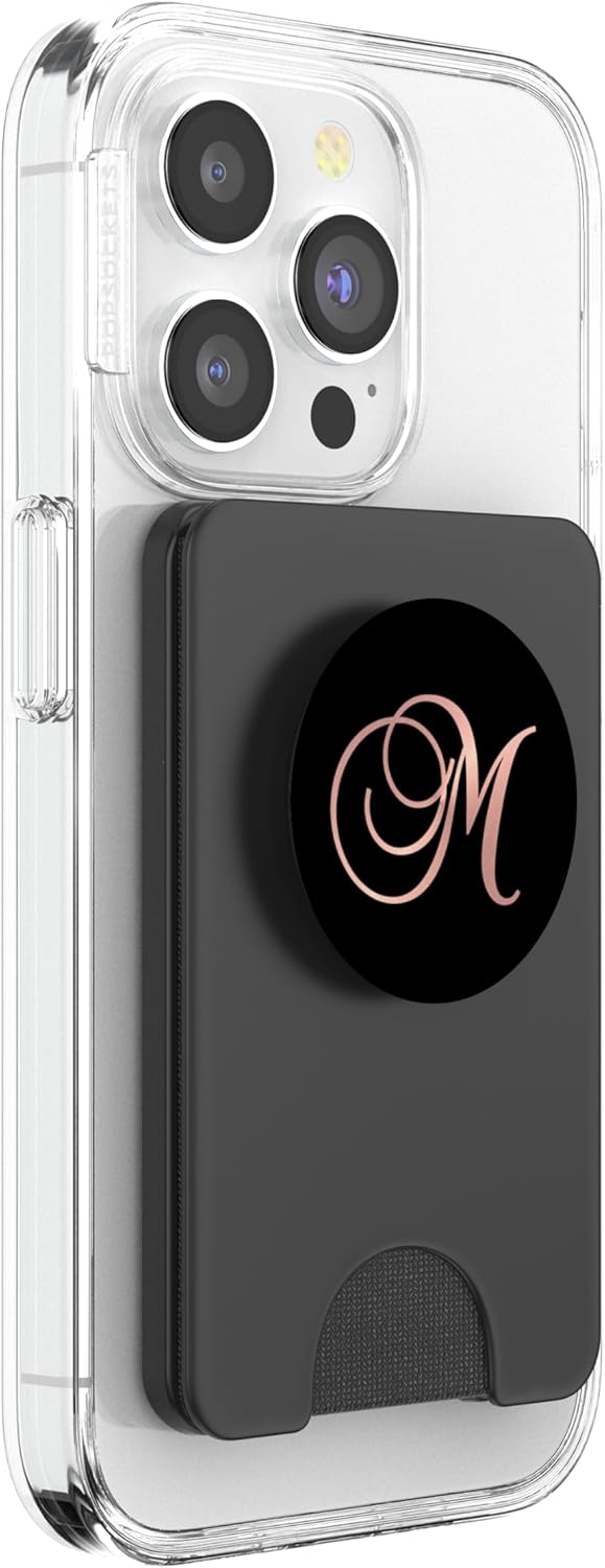 Letter M Golden Pink Rose Design. Initial M On Black PopSockets PopGrip: Swappable Grip for Phones & Tablets PopSockets PopWallet for MagSafe