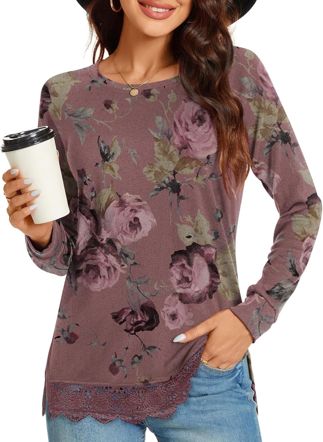 TAOHUADAO Women’s Casual Long Sleeve Tops Lace Hem T-Shirt Side Split Tunic