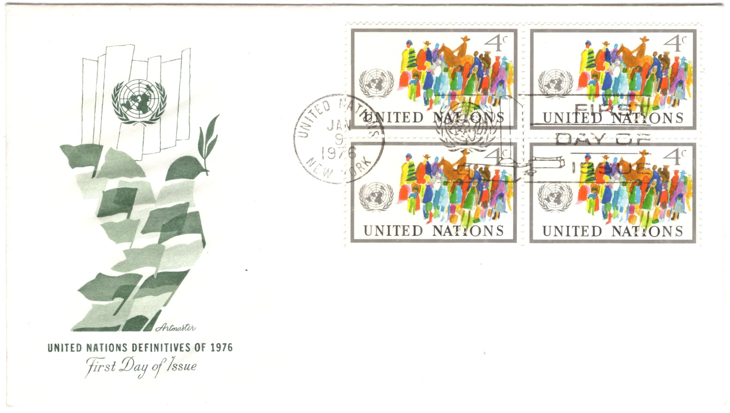 Mahaphilla United Nations Definitives of 1976 Artmaster FDC/First Daty Cover with Block of 4 Stamps for Stamp Collection Multicolor