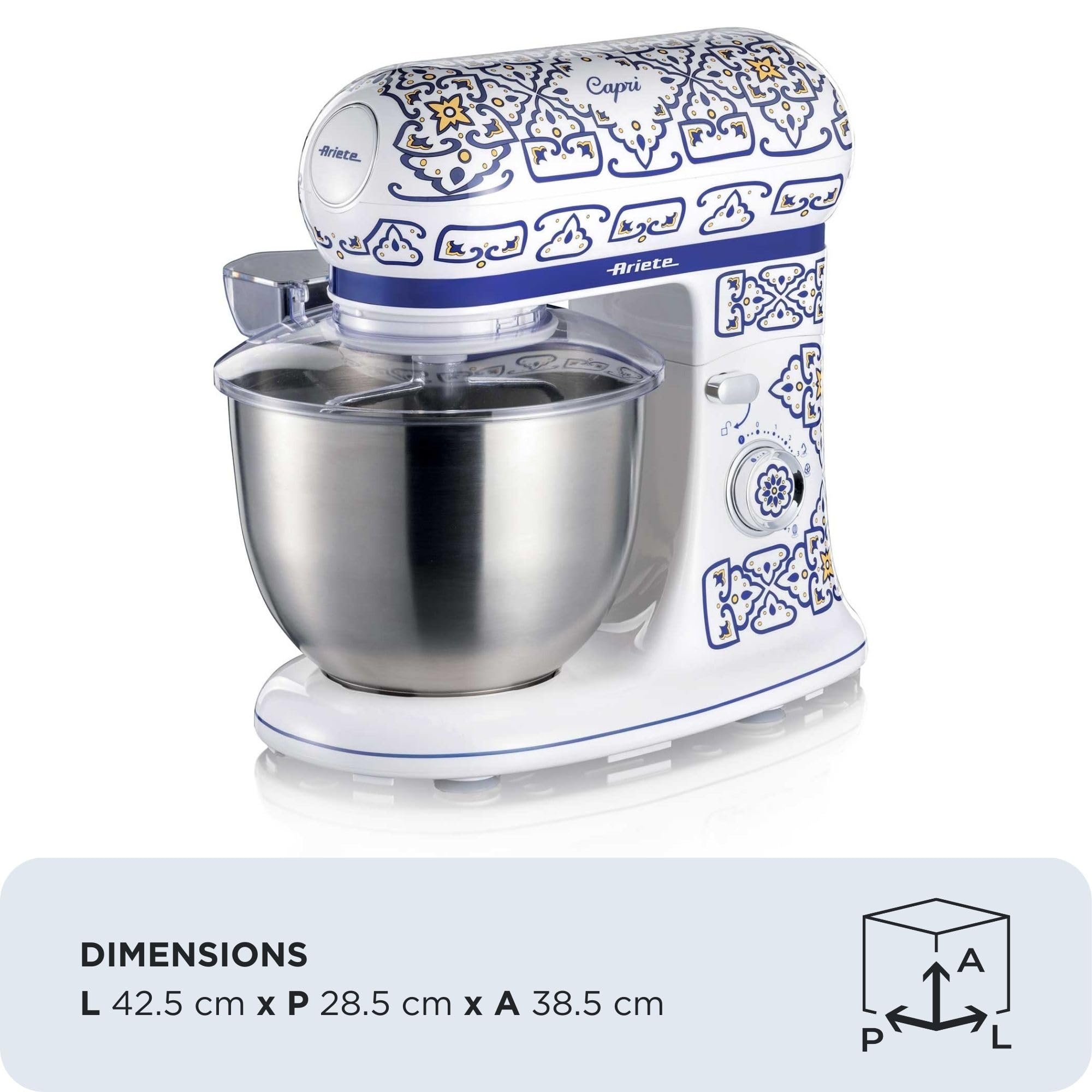 Ariete 1588 Robot Patissier Capri, 7 Vitesses, 3 Fouets pour les Pétrissages Doux et Durs, Couvercle Anti-Éclaboussures, Bol en Acier Inoxydable de 5,5 Litres, Design Méditerranéen, 2400 Watts