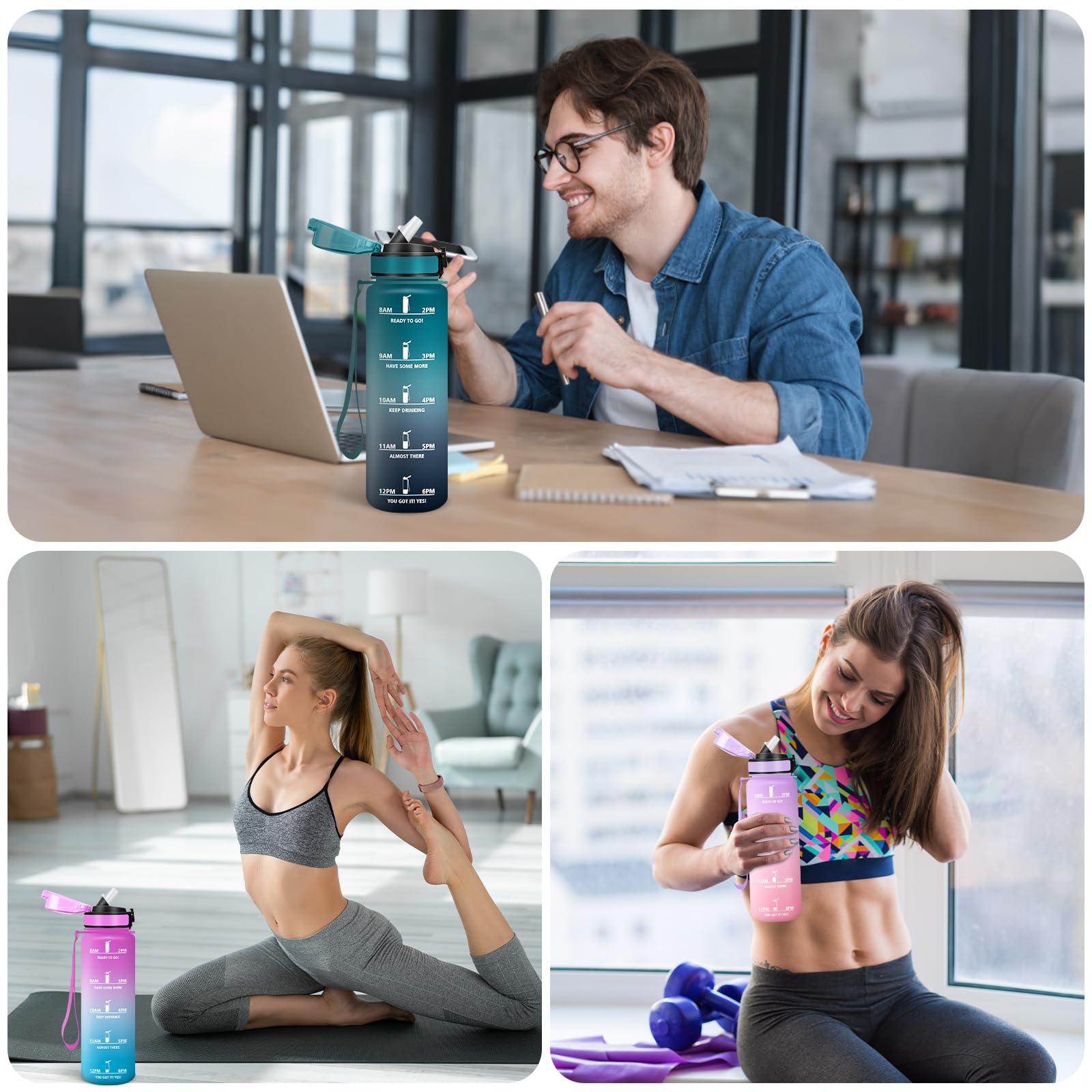 Borraccia 1 Litro, Libre de BPA & A Prova di Perdita, con Cannuccia, Reutilizables, Borraccia Motivazionale, Spazzola di Paglia, Spazzola A Spugna, Palestra per Scuola, Palestra, Ufficio