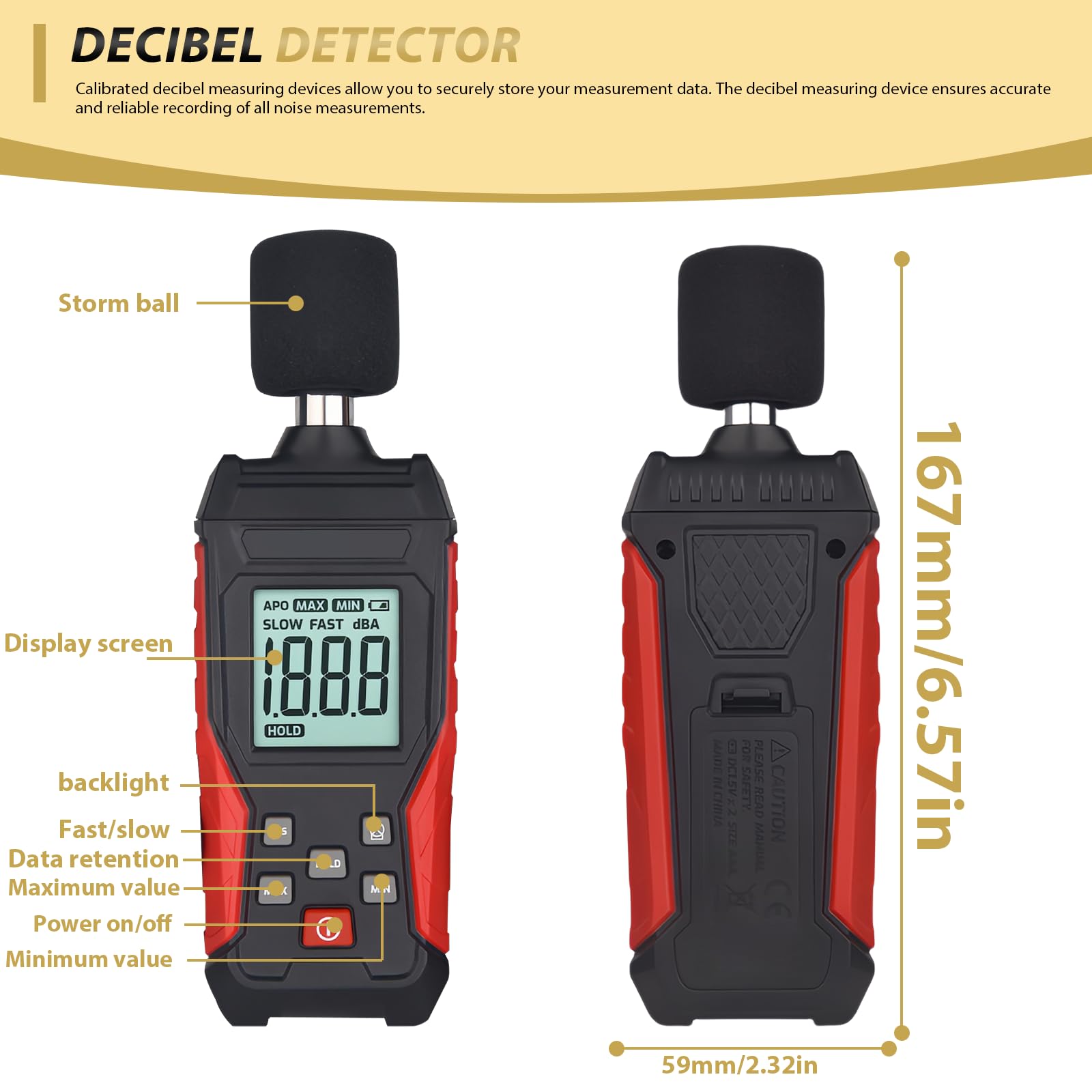 Medidor de decibelios profesional con almacenamiento de datos | Medidor de nivel de sonido digital portátil | Medidor de nivel de sonido 30 – 130 dB (A/C) para casa, obra, oficina | Iluminación LCD