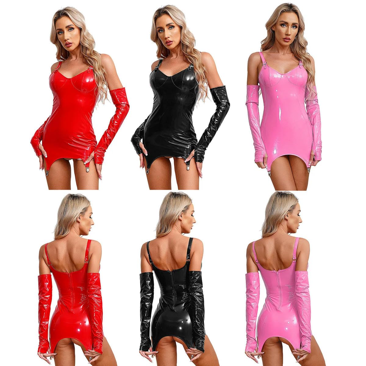 Minivestido de cuero para mujer con clips de liguero, tirantes ajustables, vestido de lencería para fiesta de club