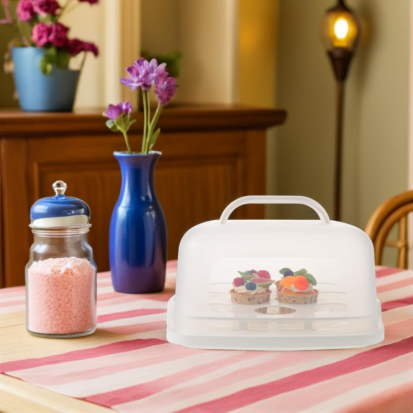 Portatorta con Manico 10 Pollici Bianco in Plastica | Inserto 10 Cupcake Incluso, Coperchio Ermetico, Visibilità Trasparente, per Dessert e Compleanni