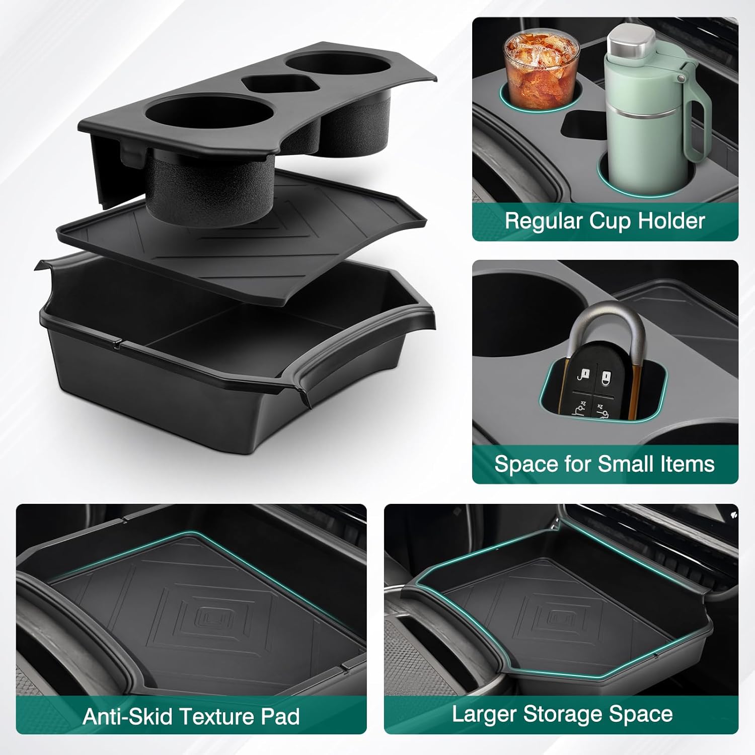 Karltys 2 in 1 Center Console Organizer Dining Tray with Cup Holder for Rivian R1S R1T Accessories 2022-2025 2026, 2 Layer Storage Box with Detachable Drink Holder & Anti-Slip Silicone Mat