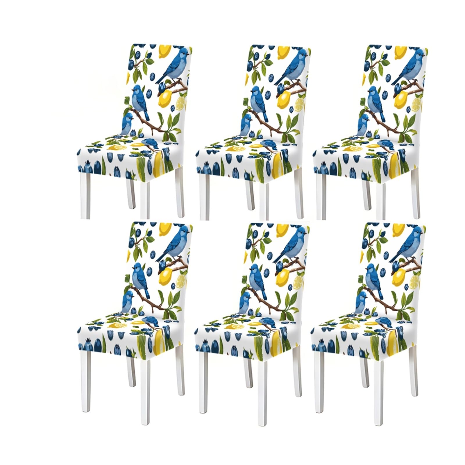 KXUAUV Bluebird Lemon Blueberry Fruit Bird Pattern Print Dining Chair Covers Set Of 2/4/6, Stretch Slipcovers For Kitchen Dining Room Seat Protectors for Restaurant Hotel Party(6PCSChair cover)