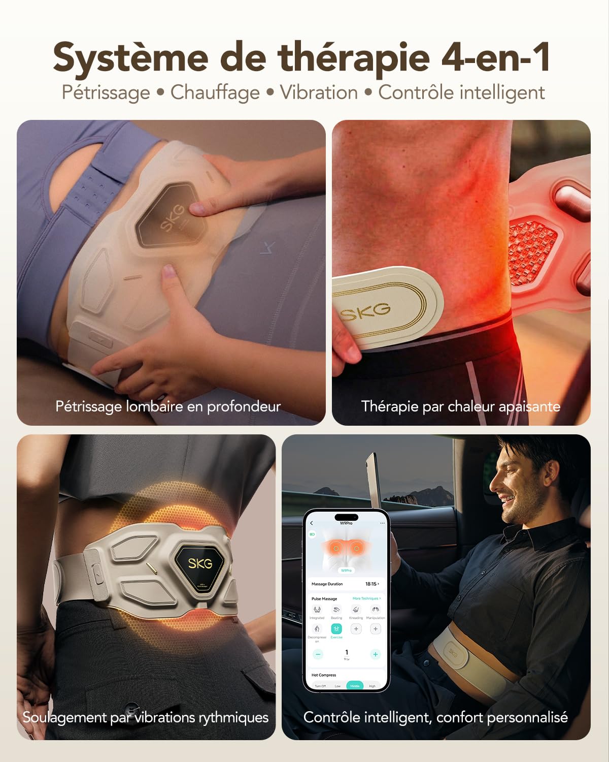 SKG Masseur du bas du dos pour soulager la douleur, coussin chauffant réglable sans fil, masseur infrarouge vibrant pour le dos,ceinture lombaire, cadeaux pour papa,femme,convient aux tailles 23-45