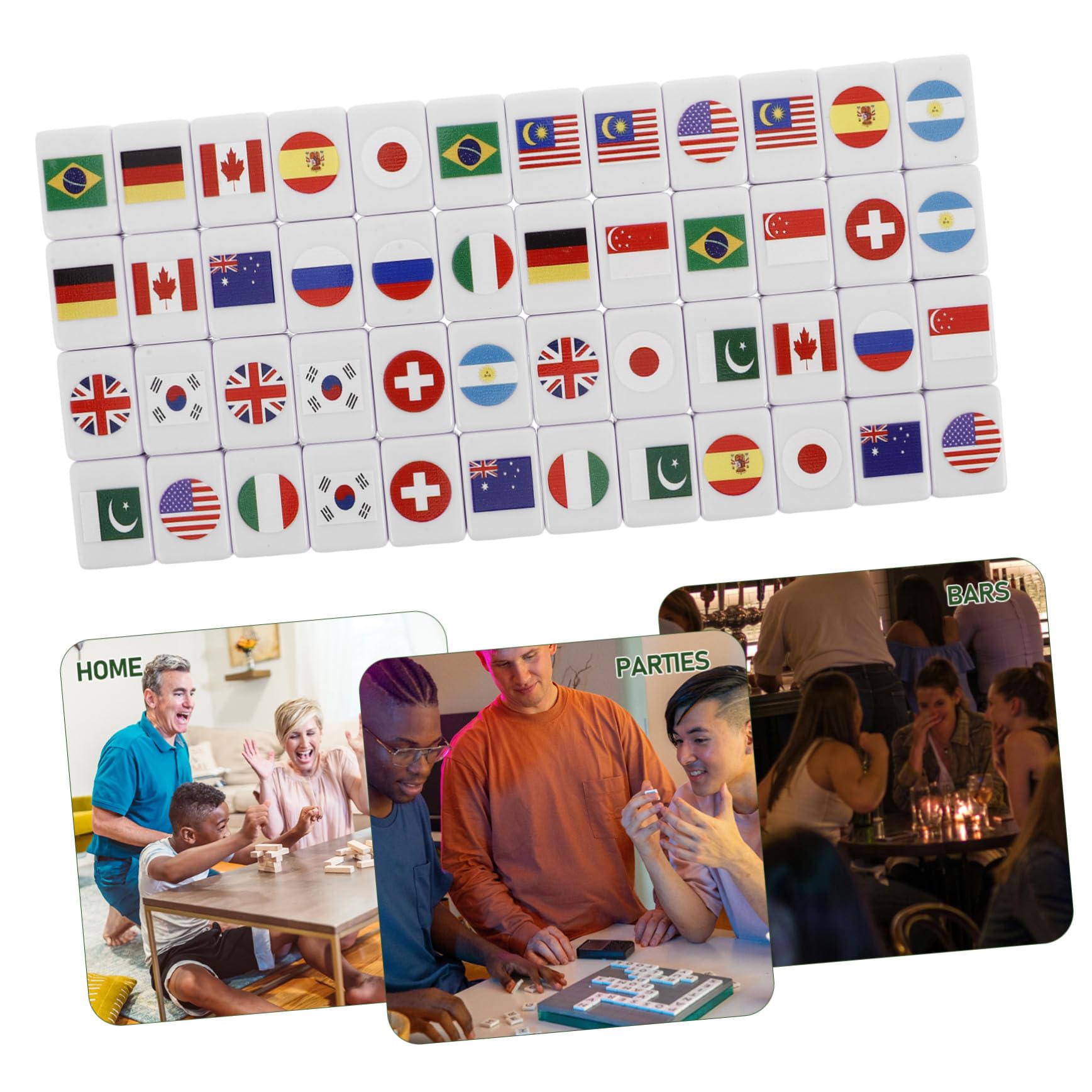 Hohopeti 48 Stück Mahjong Spielset für Erwachsene und Kinder Langlebige Kunststoff Mahjong Steine mit Nationalflaggen Design Vielseitig für Picknick und Familienspiele