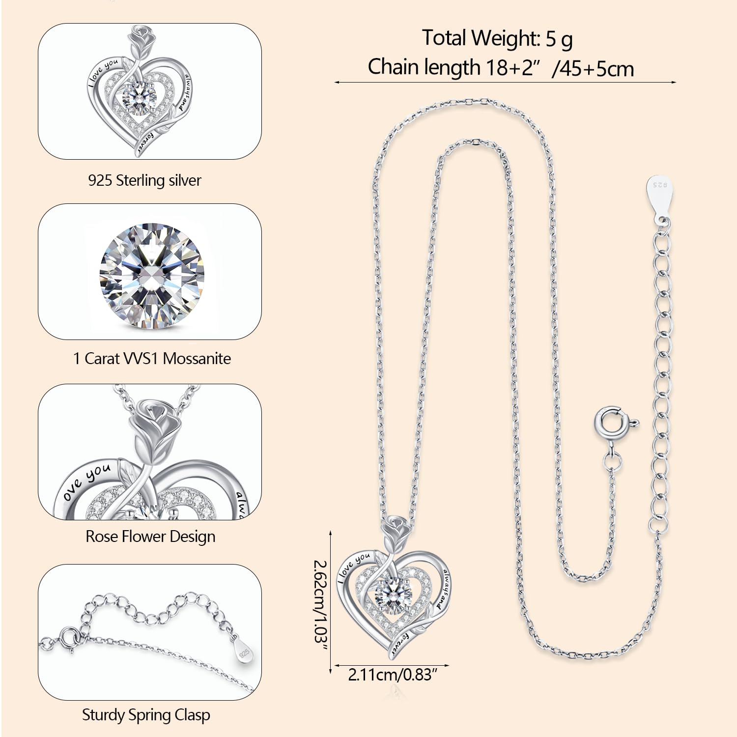 LAVUMO Moissanite Halskette Damen Silber 925 Herz Rose Schmuck Geschenke | Kette Damen Gold/Rosegold/Silber Doppel Rose Anhänger Weihnachten Valentinstag Geburtstag Geschenke für Frauen Freundin Mama