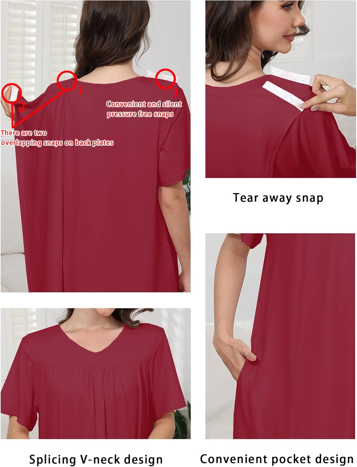 Hospital Gowns for Women Open Back Tear Away Snap Post shoulder Dress Short Sleeve Soft Adaptive Clothing with Pockets - Image 4