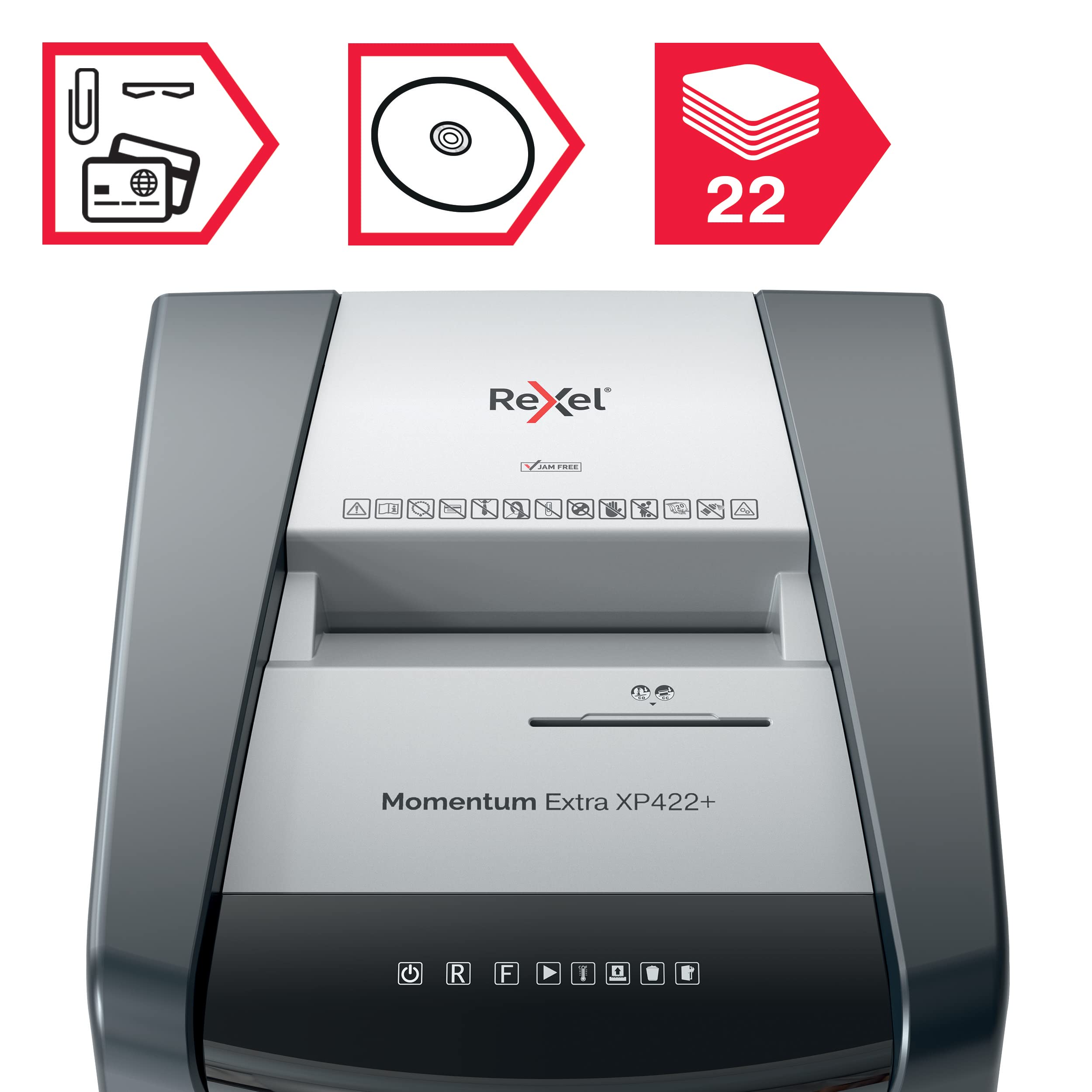 Rexel, Niszczarka do Papieru Rexel Momentum Extra XP422+, do Biura, Tnie na Konfetti do 22 kartek (80 gsm), Poziom Bezpieczeństwa P-4, Pojemnik na Ścinki: 85L, Technologia Zapobiegania Zacięciom