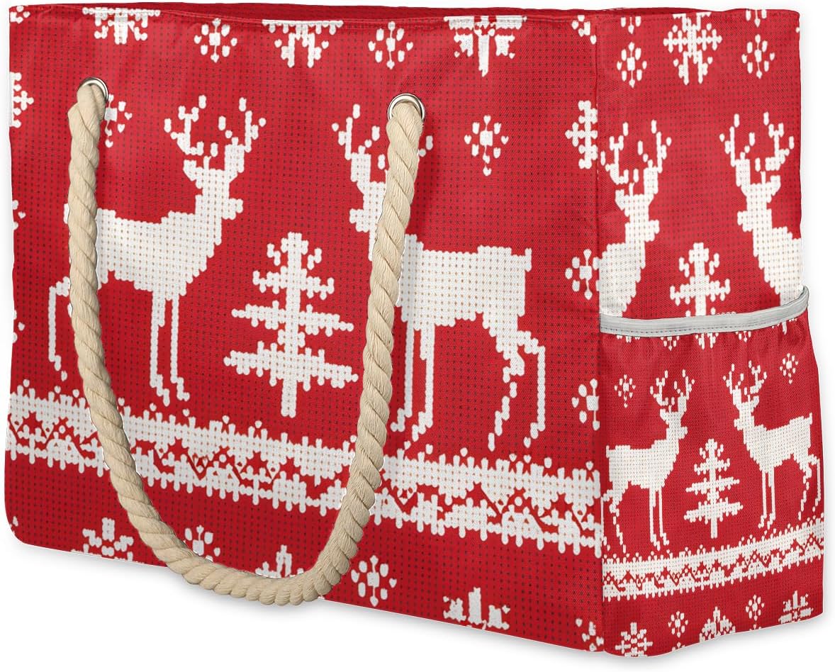 Christmas Deer Red White Beach Bags Waterproof Sandproof for Women, Large with Zipper Pool Beach Tote Reusable Grocery Shoulder Bag for Swim Travel Shopping Vacation Picnic