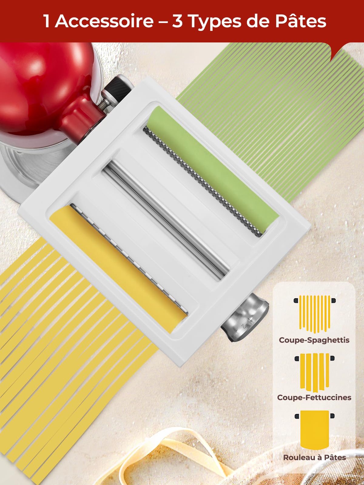 FOHERE 3-en-1 Accessoires pour Machine à Pâtes pour KitchenAid Robot Pâtissier, Comprend Rouleau à Pâtes, Coupe-Fettuccines, Coupe-Spaghettis et Brosse à Nettoyage (7 épaisseurs Réglables)