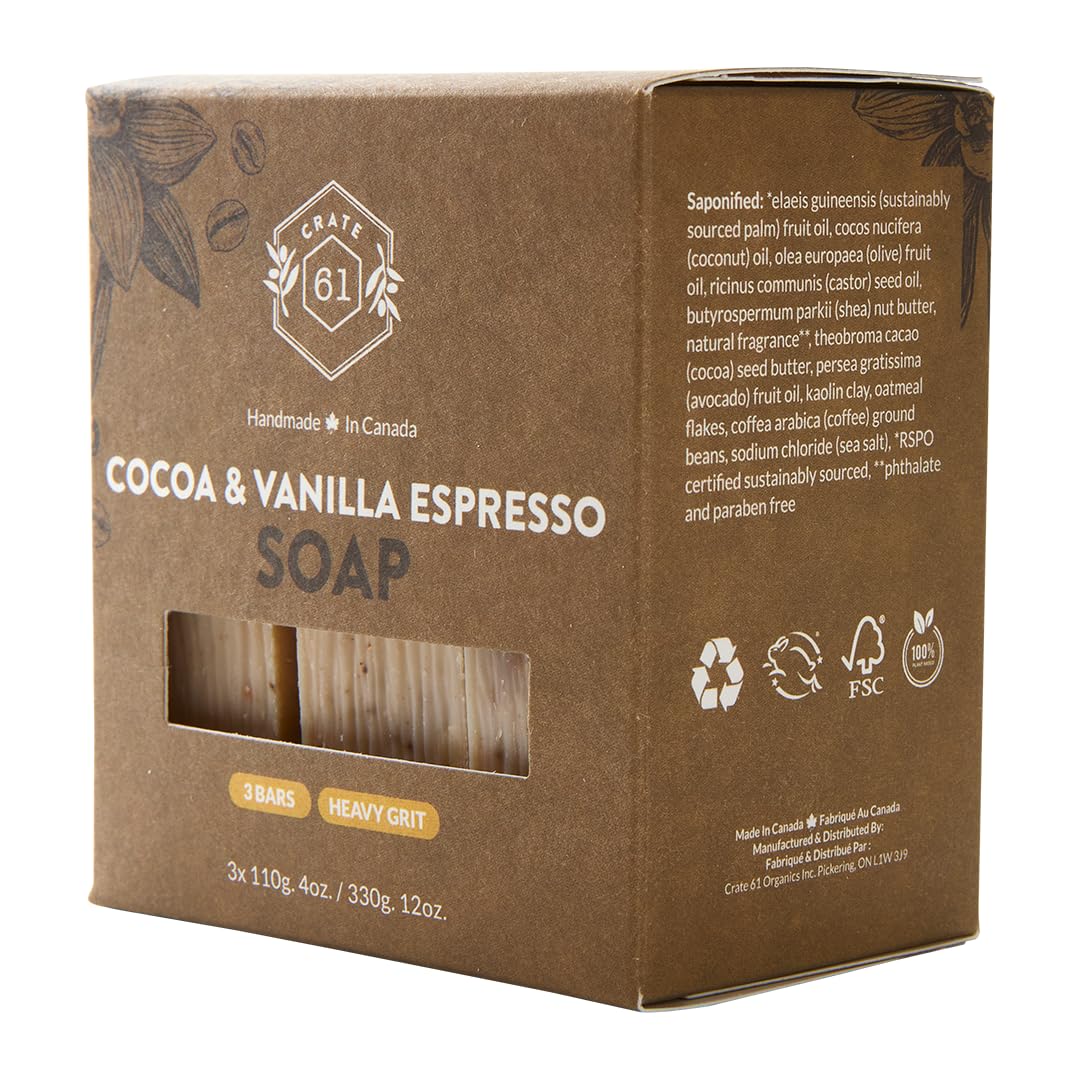 Crate 61, Handmade in Canada, Plant Based Cold Process Natural Bar Soap For Face And Body, With Premium Essential Oils, For Men And Women 3 Pack (Cocoa Vanilla Espresso)