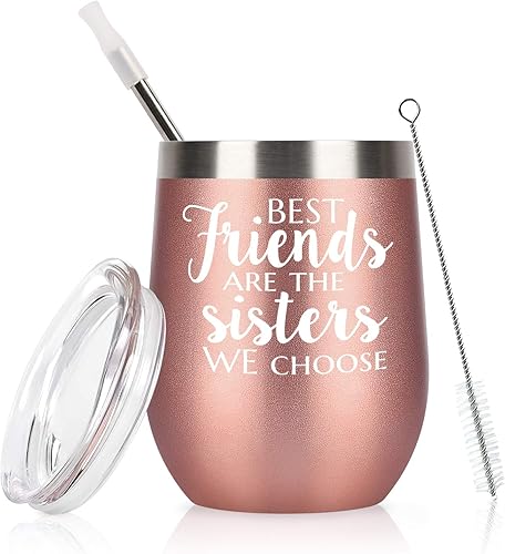 Qtencas Vaso de vino con tapa, diseño de hermanas y amigas, con texto en inglés "Friends Are The Sisters", con la frase "We Choose We Choice",