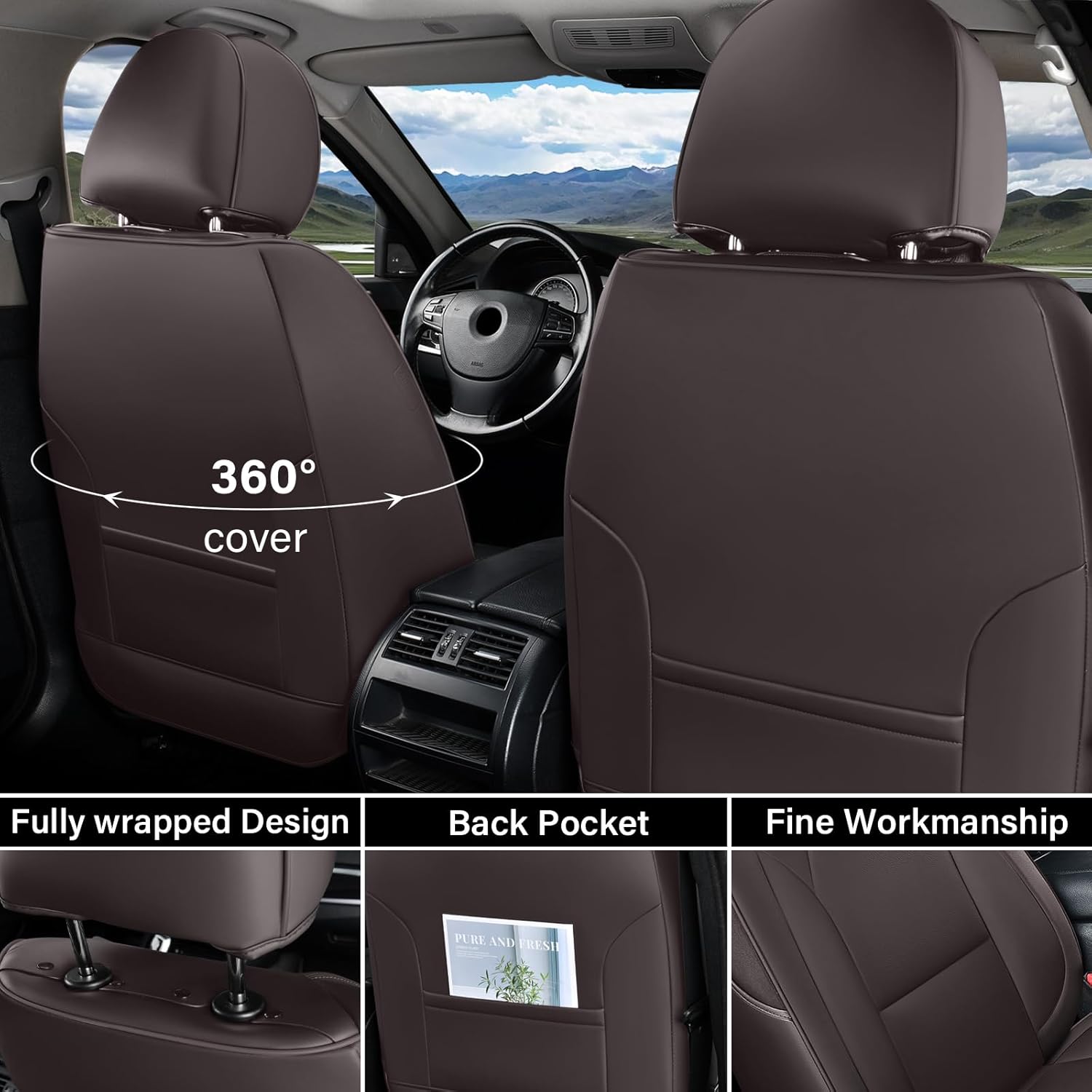Coverado Full Set Car Seat Covers, Faux Leather Seat Protectors for Ford F150 2015-2026, Compatible with F250 F350 F450 2017-2026 (Brown)