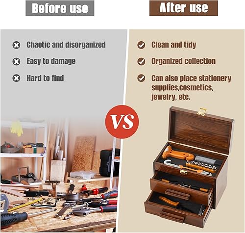 Miniatura 4 de Weysat Mini caja de herramientas de madera de 11 pulgadas con 2 cajones y almacenamiento superior, baúl de herramientas pequeño portátil con forro