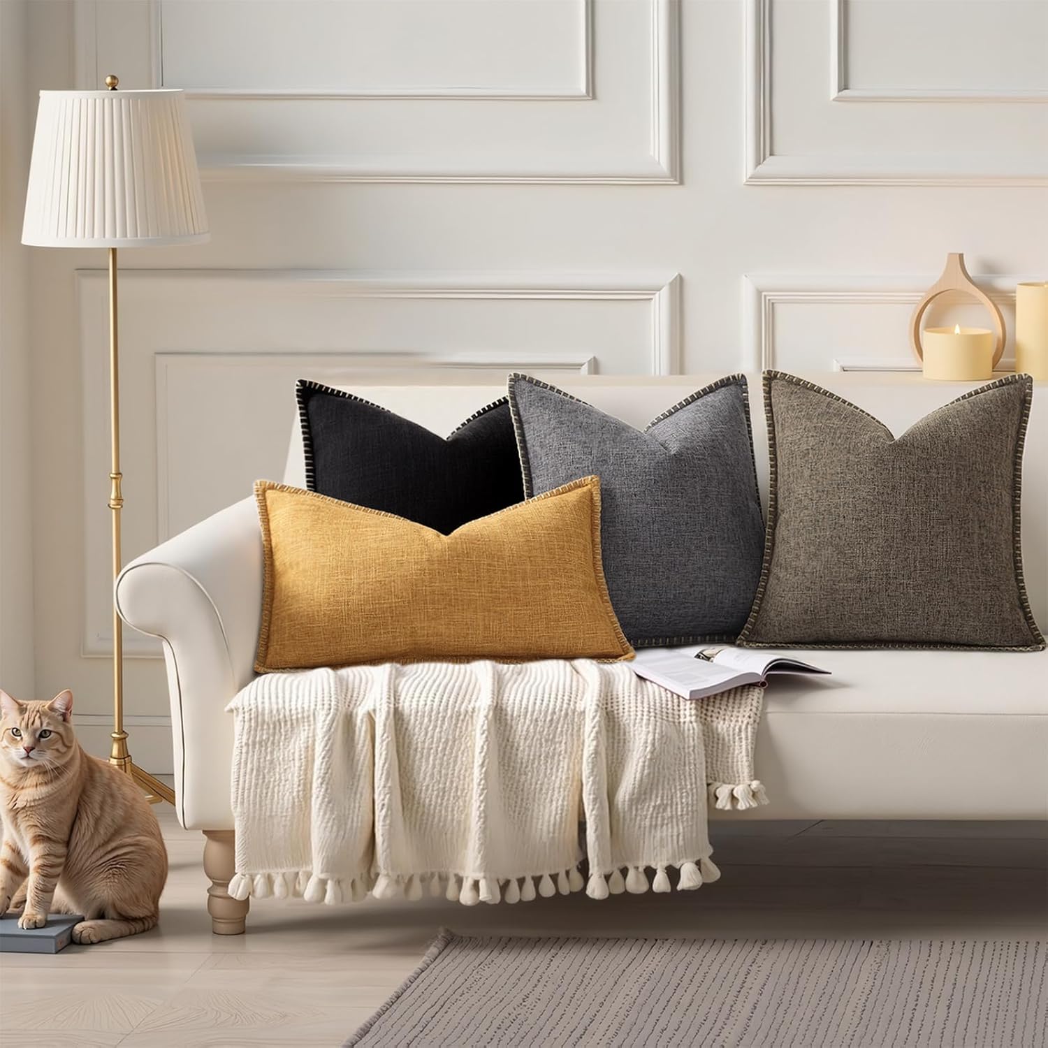 decorUhome Spring Decorative Throw Pillow Covers 18x18 Set of 2 Square Linen Outdoor Neutral Farmhouse Pillow Covers with Stitched Edge for Couch Sofa Living Room, Black - Image 6