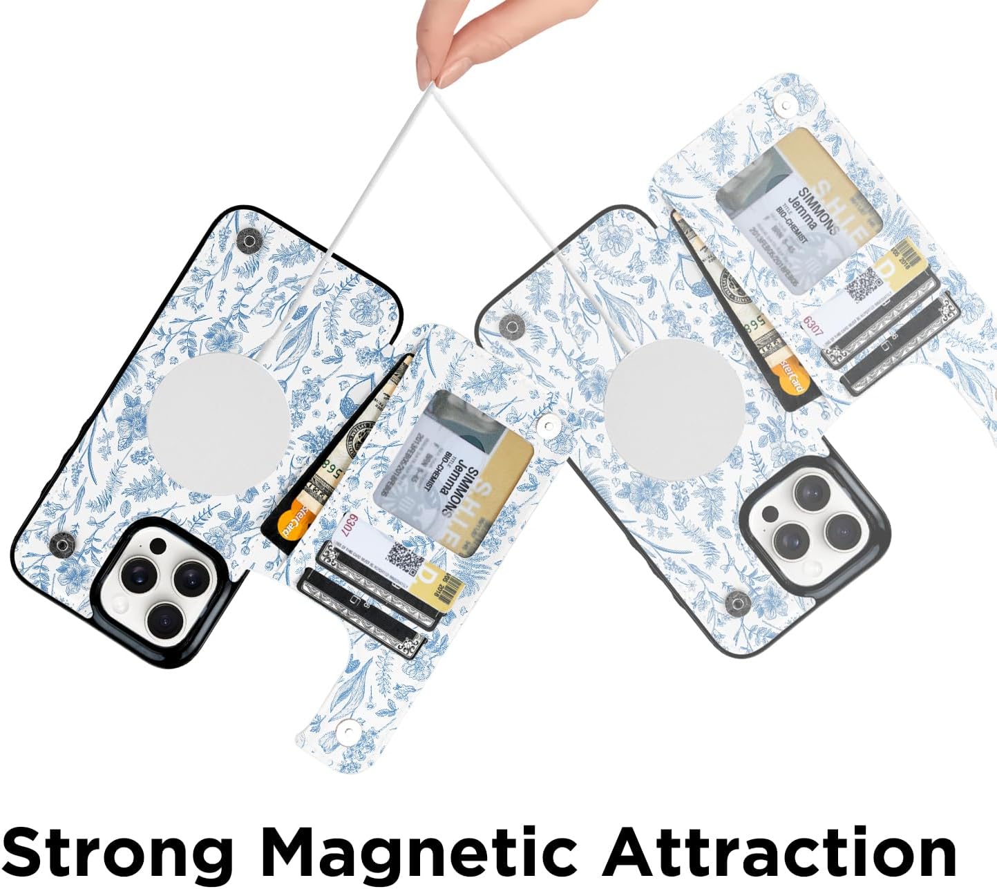 uCOLOR for iPhone 16 Pro Max Wallet Case Magsafe with Card Holder Slot【Compatible with MagSafe】 Folio Flip PU Leather Design with Camera Lens Protector 6.9"(Blue Toile Flowers) - Image 6