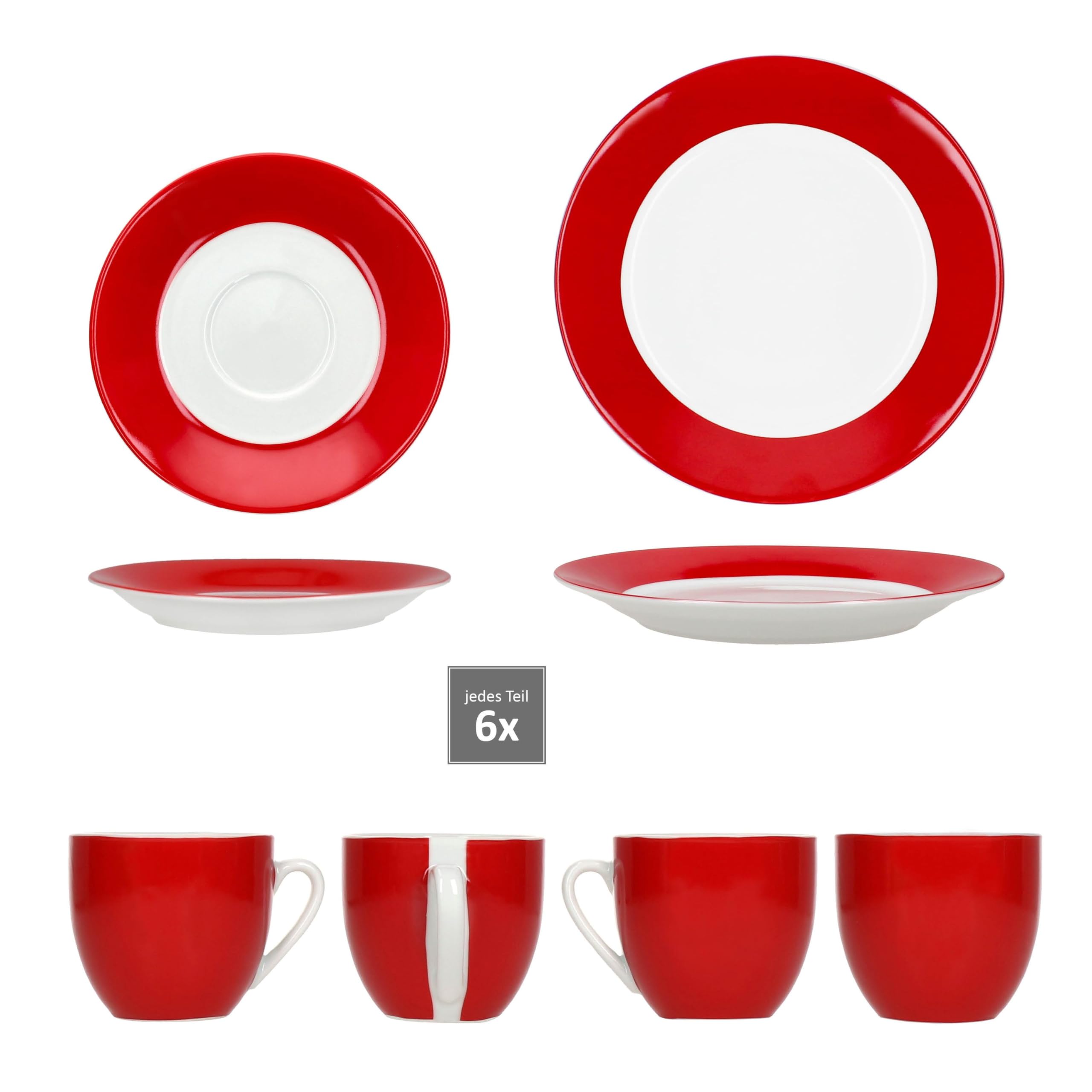 MamboCat Variant Rot 18tlg Kaffeeservice I farbige Porzellan-Kaffeeset für 6 Personen I Je 6X Kaffeetassen 200ml, Untertassen & Kuchenteller I buntes Geschirr für Frühstück & Kaffee