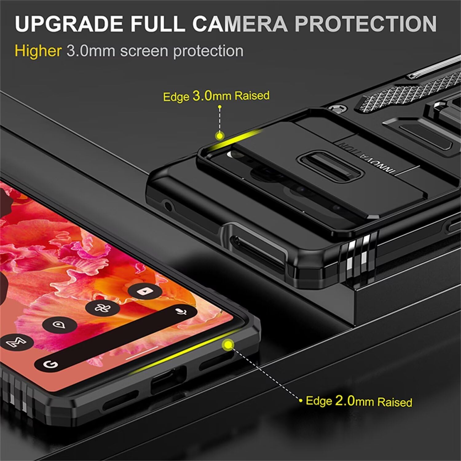 CLYDITE Cover per Google Pixel 7 Pro Nero Custodia con Pellicola Protettiva [2 Pack] Fotocamera Slidable Antiurto Custodia Antiurto Grado Militare 360° Ring Supporto Silicone Custodie