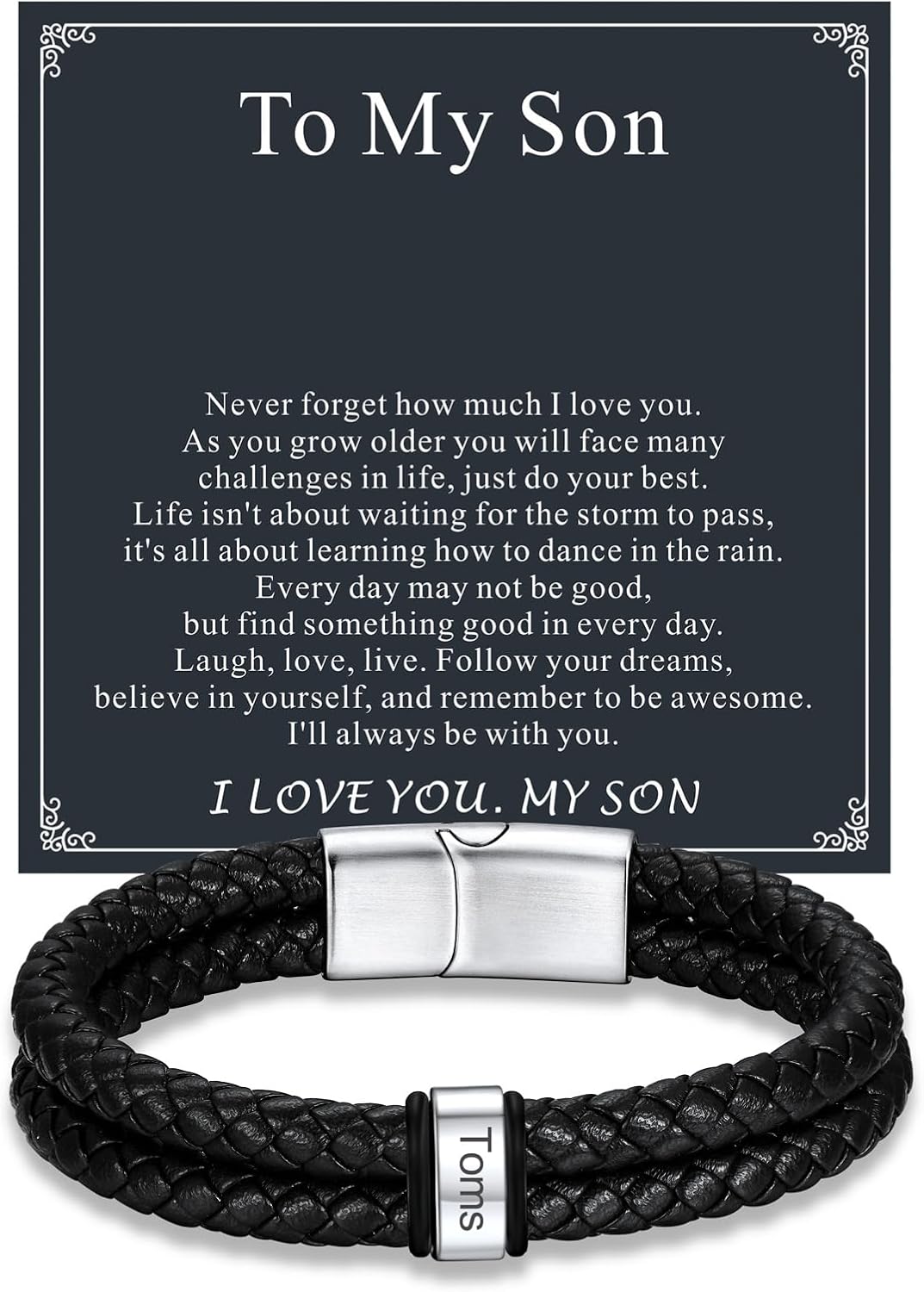 U7 Personalized Mens Leather Bracelet with Custom Beads, Customized Braid Leather Bracelet Engraved with Names for Men(1-5 Names)