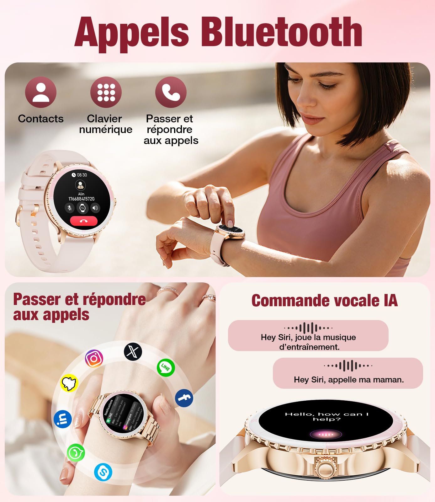 Montre Connectée Femme Ronde, 1,27" Smartwatch Femme avec Appel Bluetooth, Montre Intelligente Santé Féminine Fréquence Cardiaque SpO2 Sommeil Montre Fitness Podomètre, Or Rose
